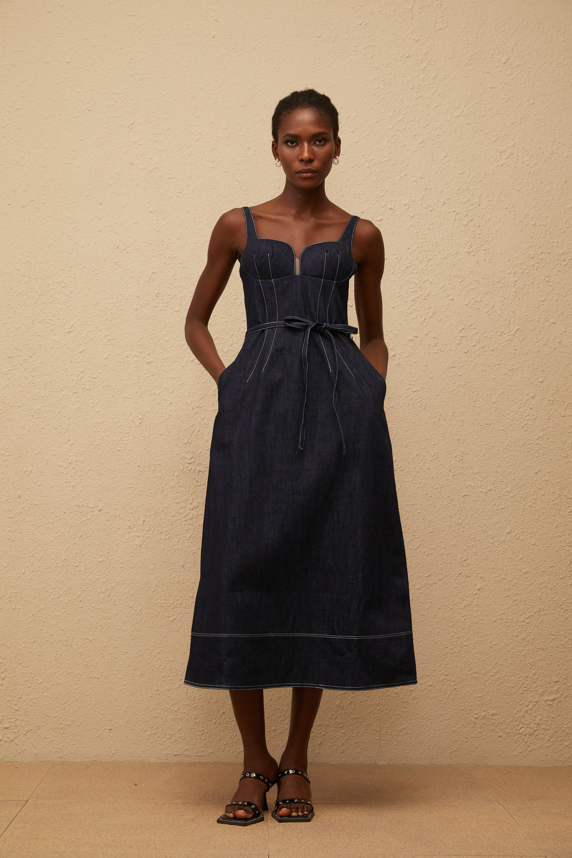 Éclat Indigo Blue Denim Midi Dress (Final Sale)