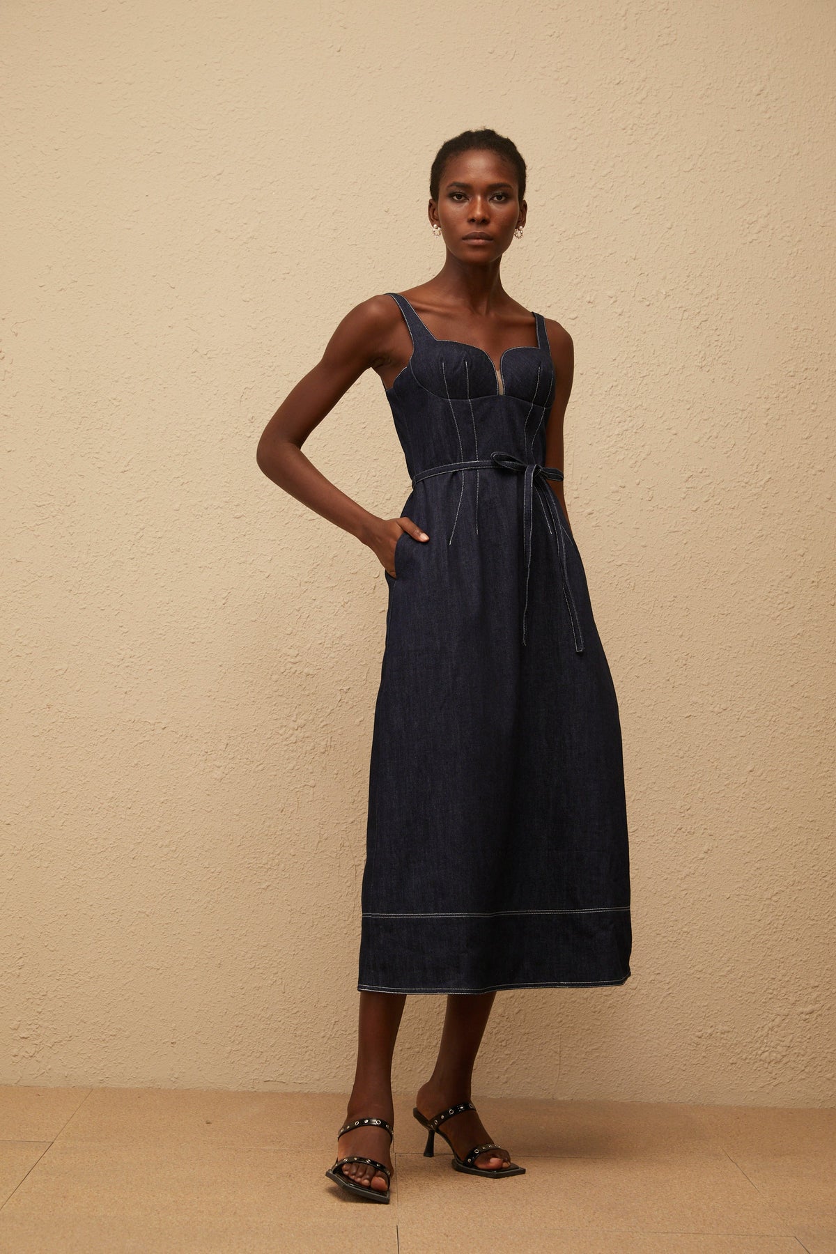 Éclat Indigo Blue Denim Midi Dress (Final Sale)
