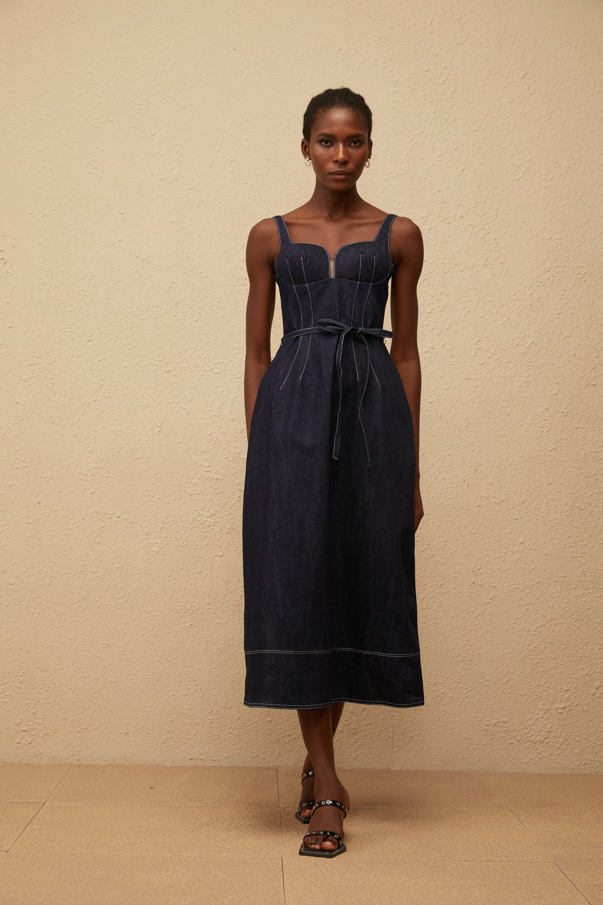 Éclat Indigo Blue Denim Midi Dress (Final Sale)