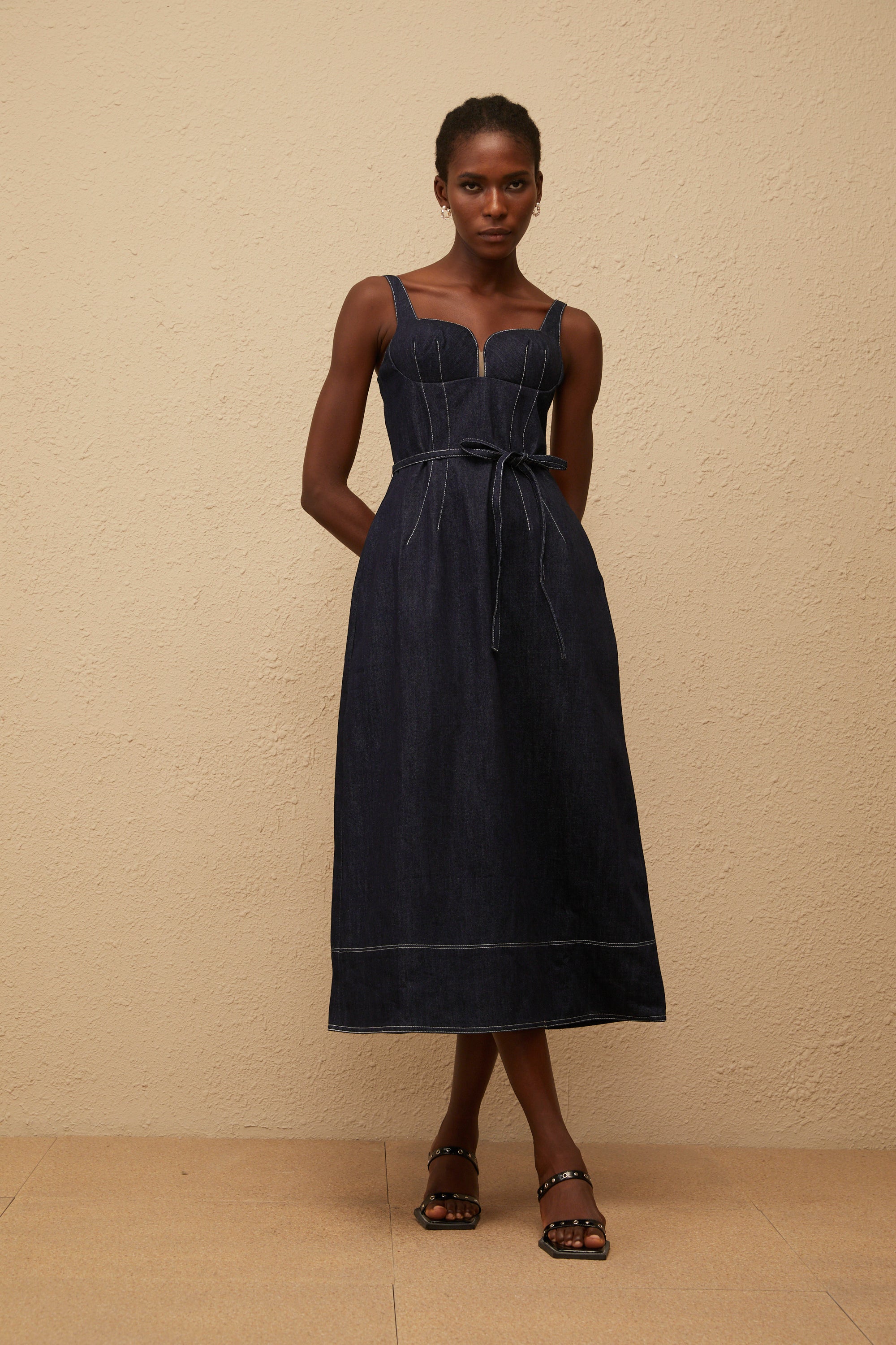 Éclat Indigo Blue Denim Midi Dress (Final Sale)