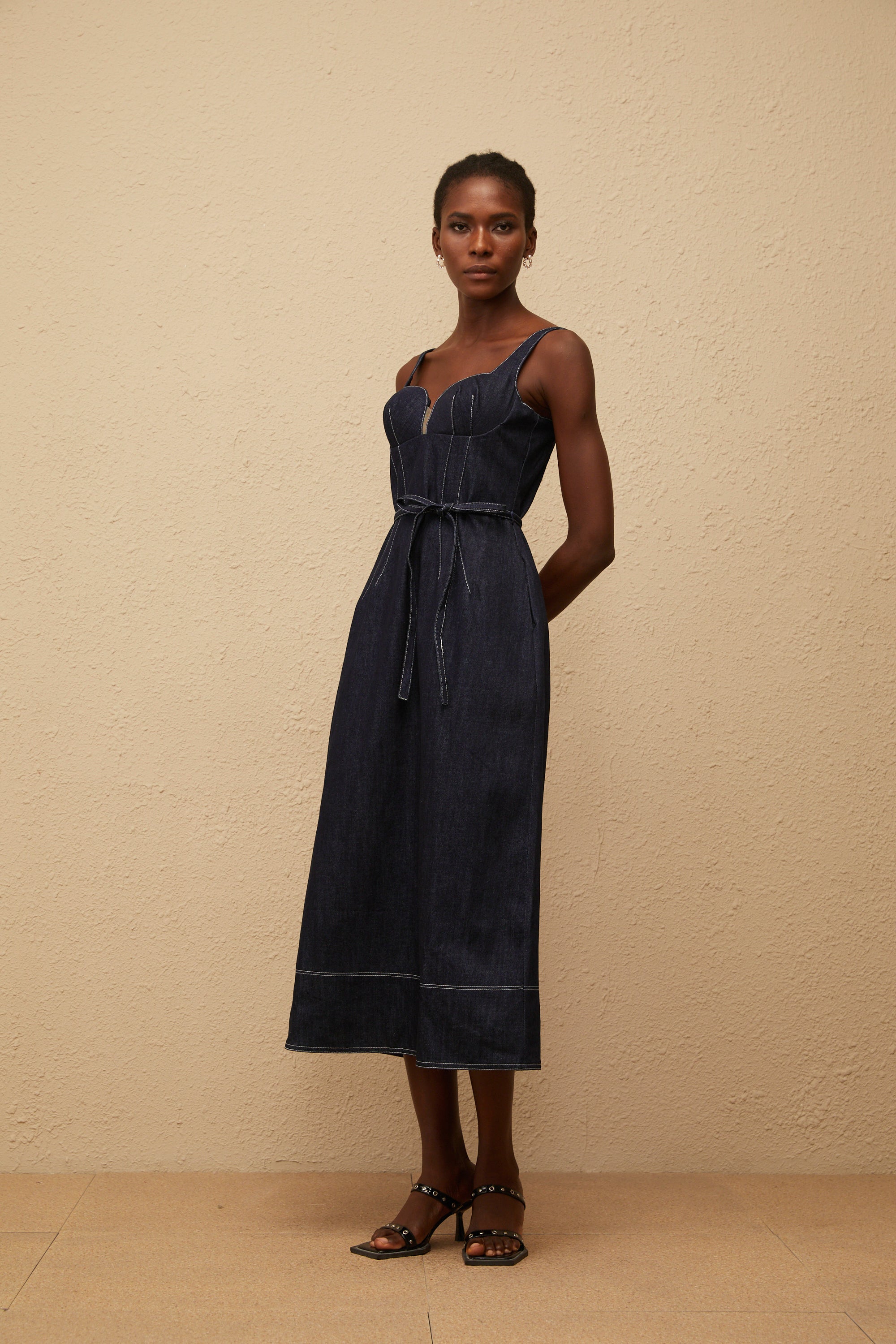 Éclat Indigo Blue Denim Midi Dress (Final Sale)