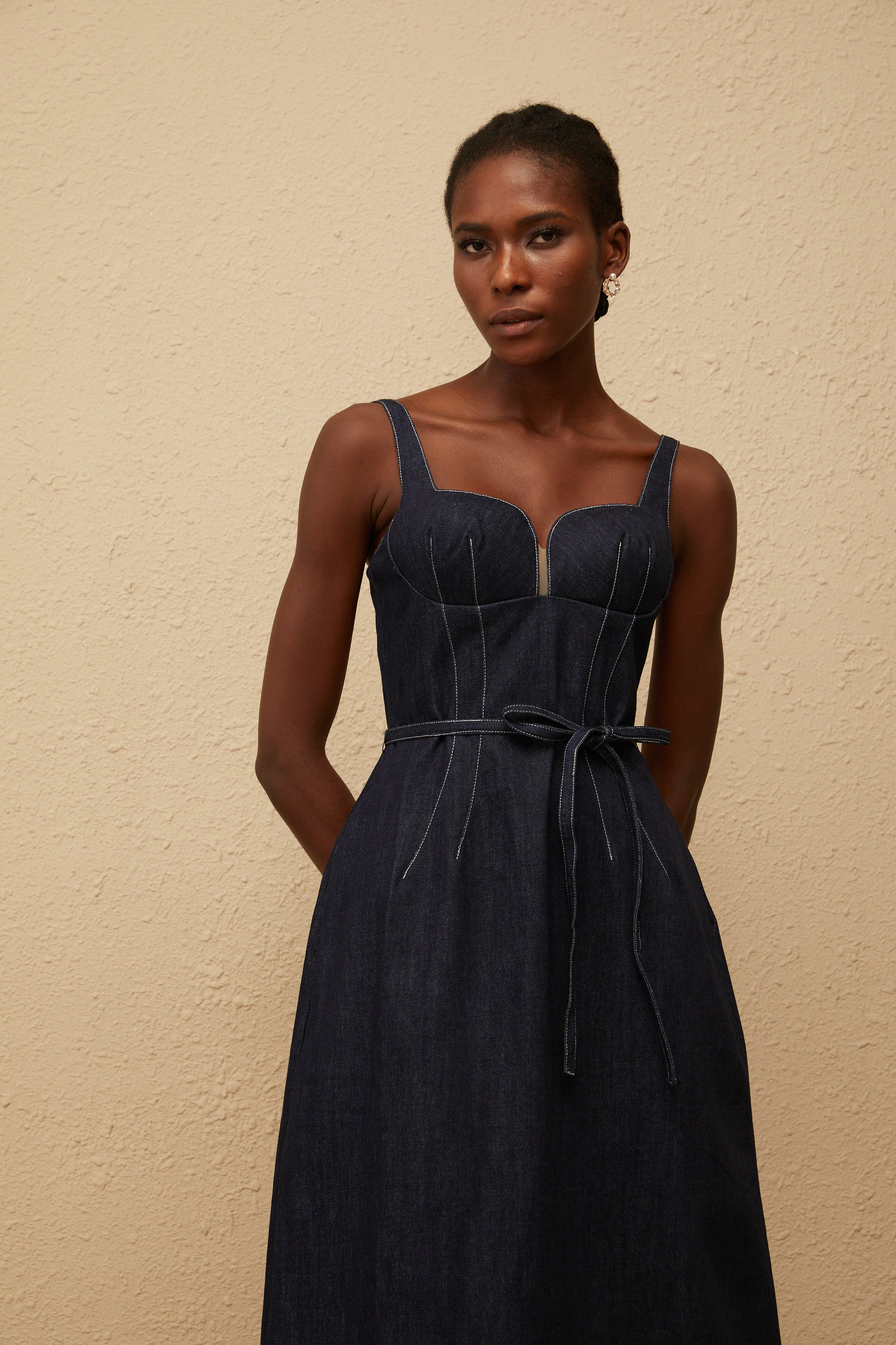 Éclat Indigo Blue Denim Midi Dress (Final Sale)