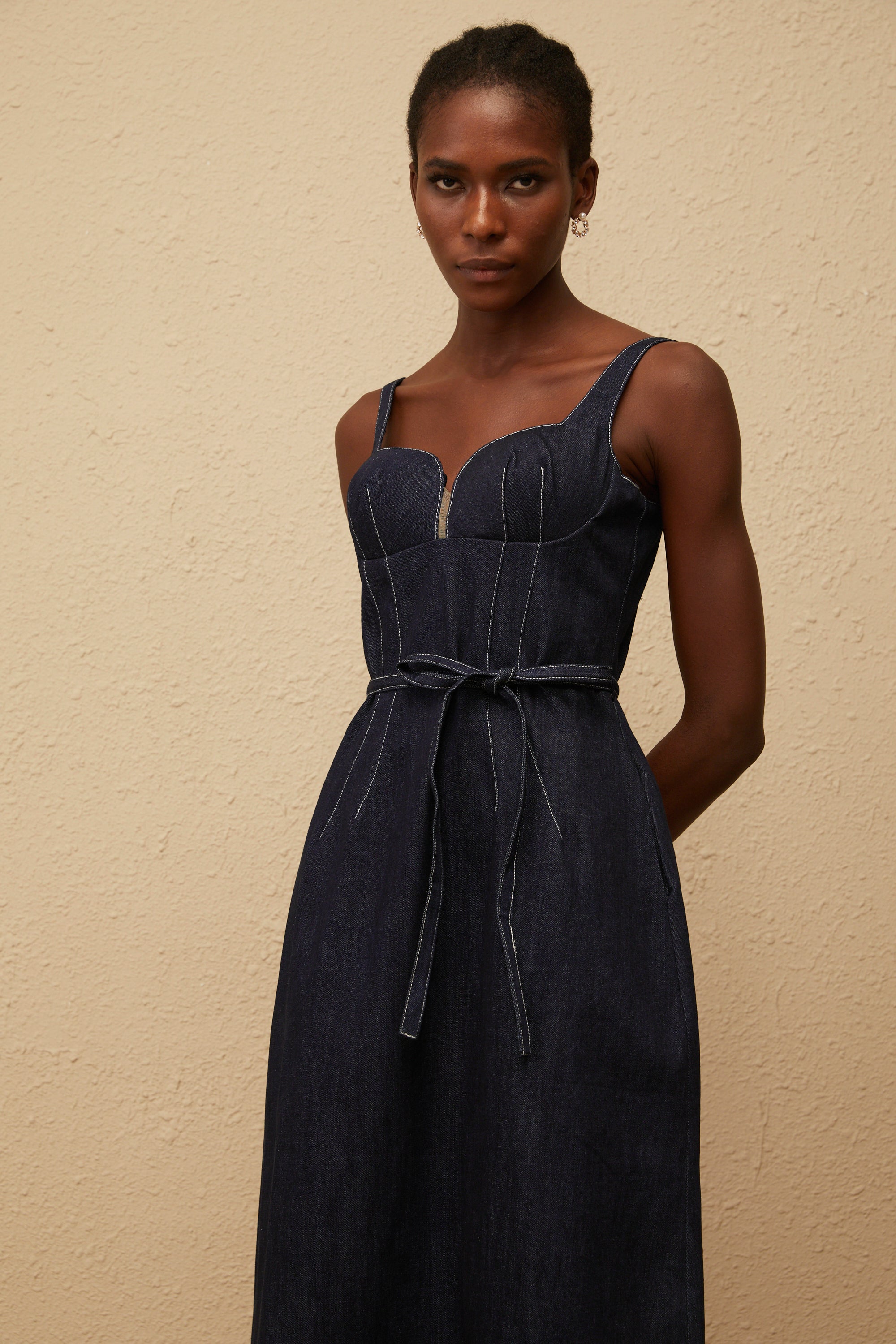 Éclat Indigo Blue Denim Midi Dress (Final Sale)