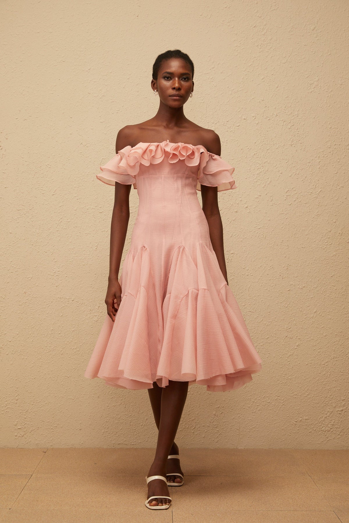 Margarita Pink Godet Ruffled Midi Dress