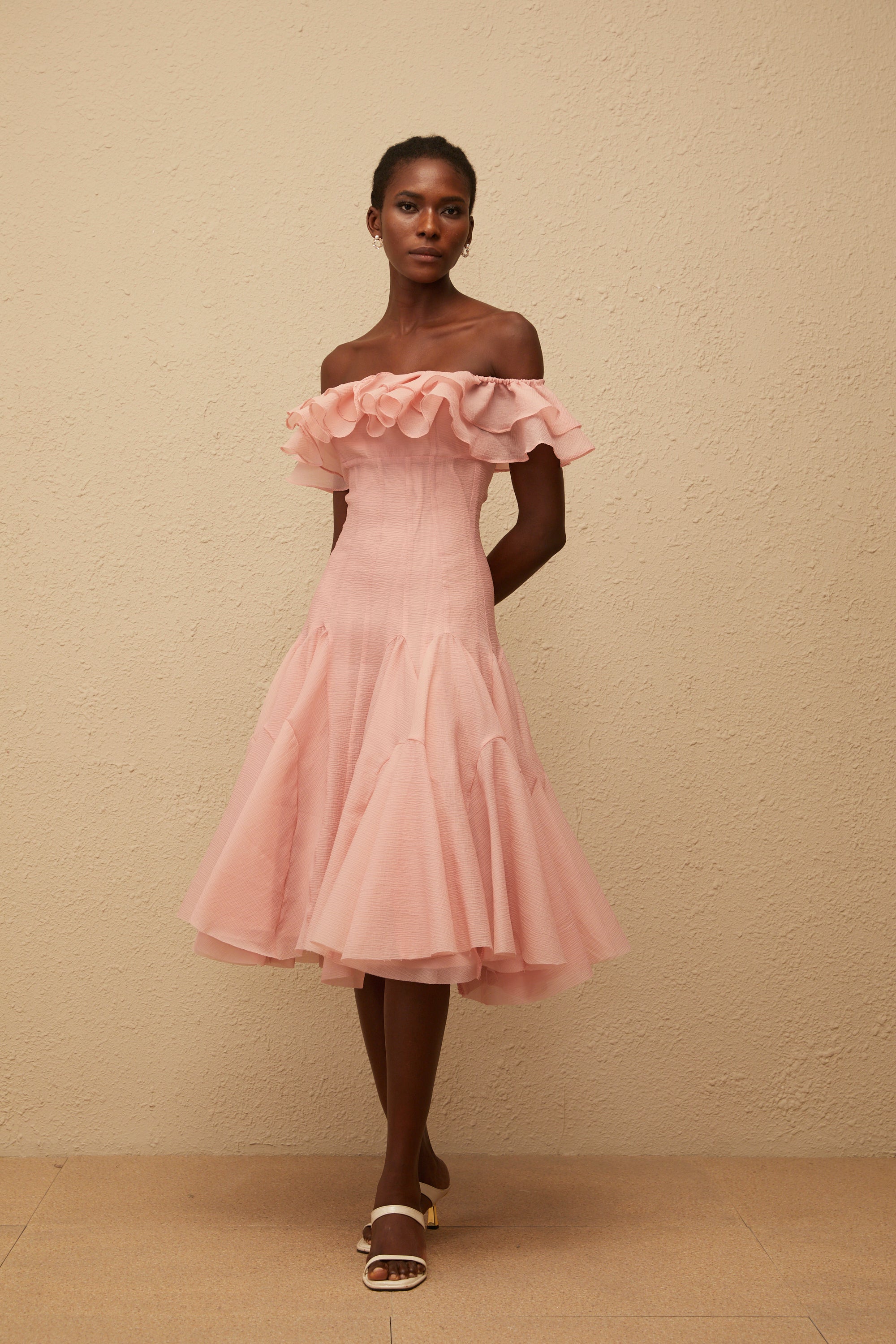 Margarita Pink Godet Ruffled Midi Dress
