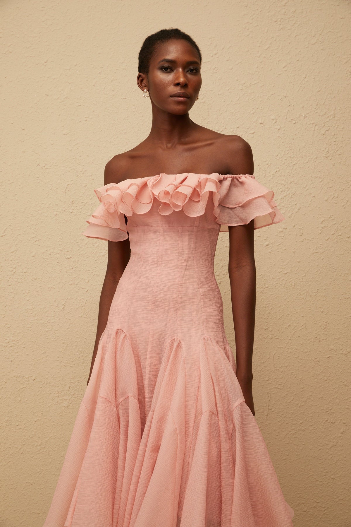 Margarita Pink Godet Ruffled Midi Dress