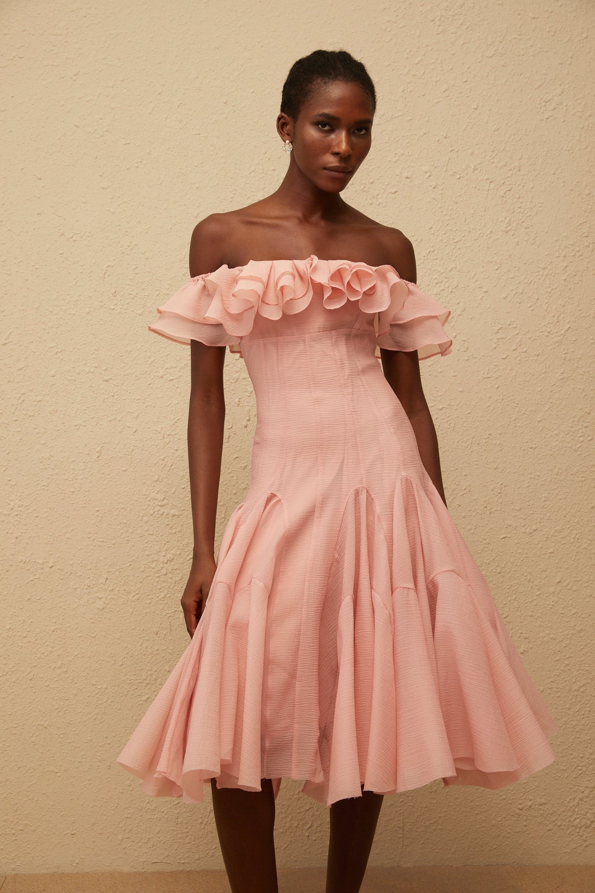 Margarita Pink Godet Ruffled Midi Dress