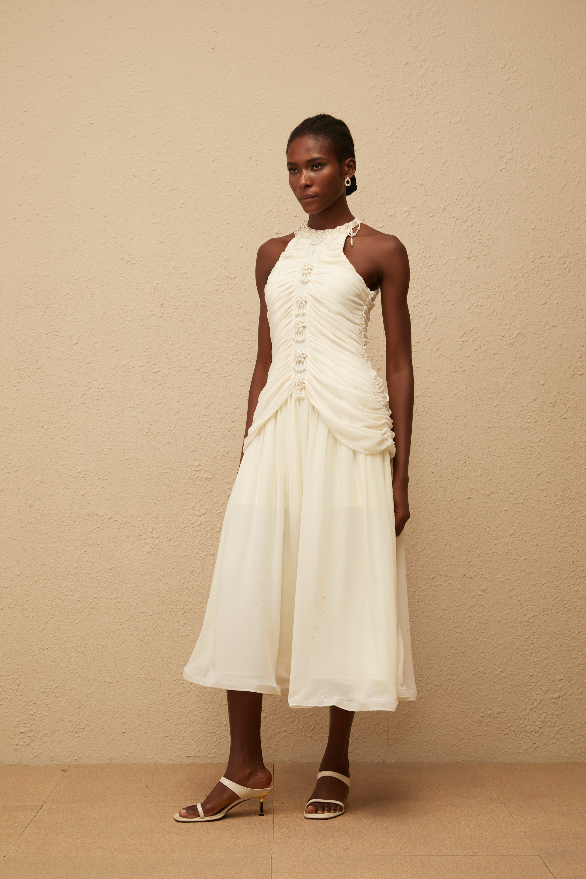 Martha White Faux Pearl Ruched Midi Dress
