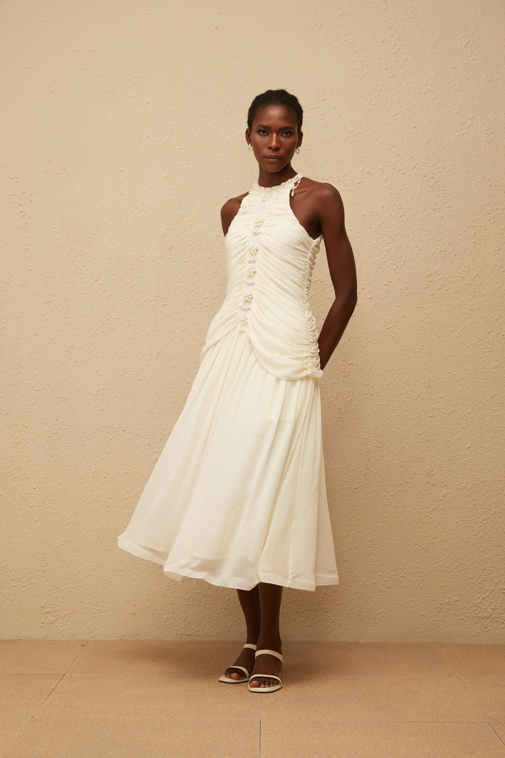 Martha White Faux Pearl Ruched Midi Dress