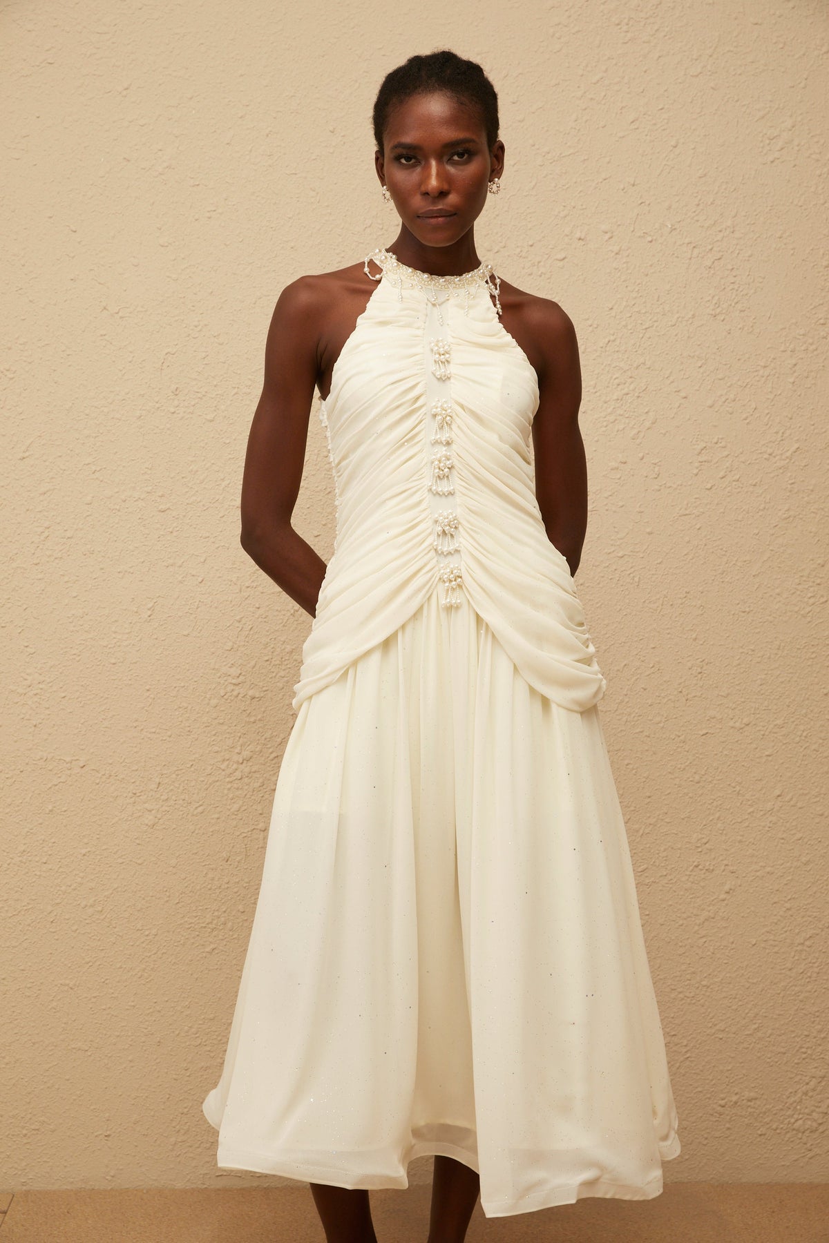 Martha White Faux Pearl Ruched Midi Dress (Final Sale)