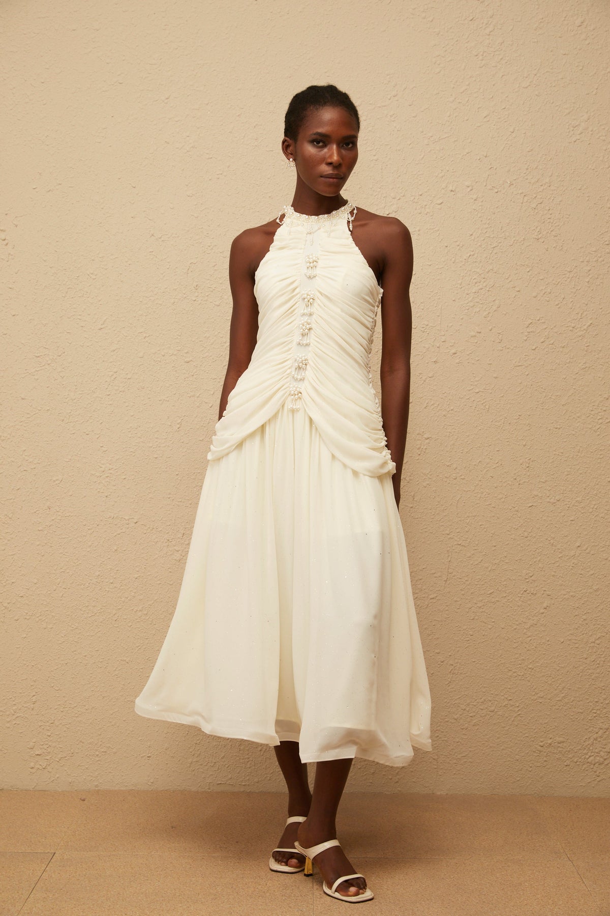 Martha White Faux Pearl Ruched Midi Dress