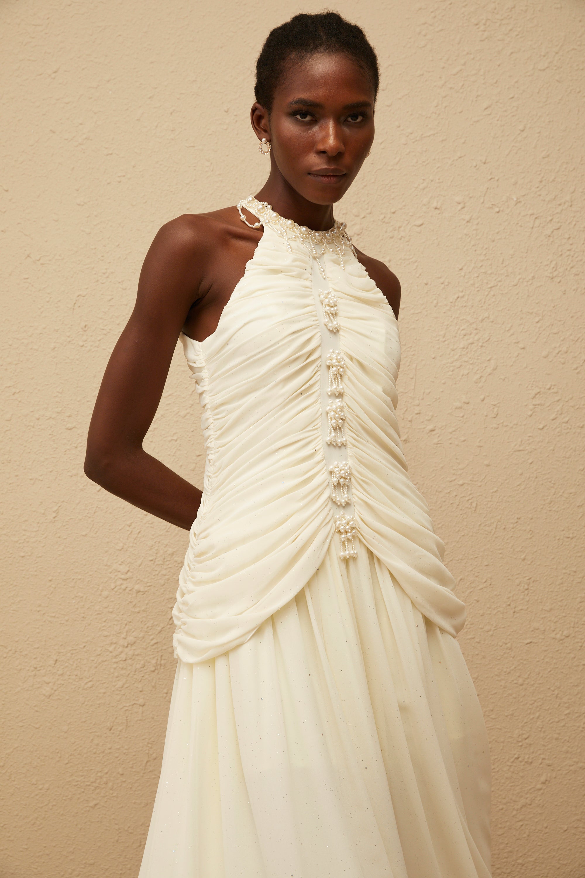 Martha White Faux Pearl Ruched Midi Dress (Final Sale)