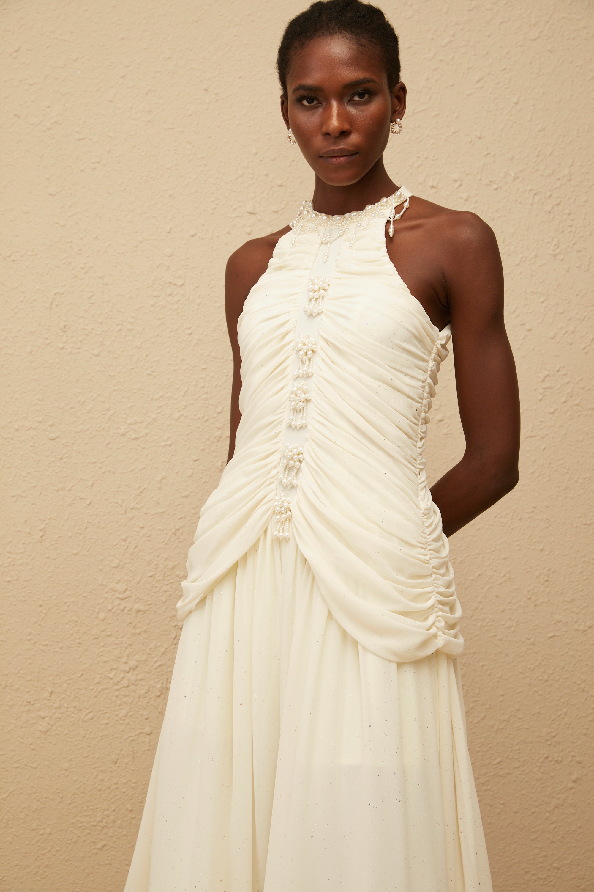 Martha White Faux Pearl Ruched Midi Dress (Final Sale)