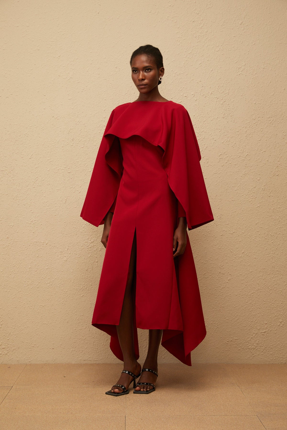 Solène Red Asymmetrical Cape Design Midi Dress