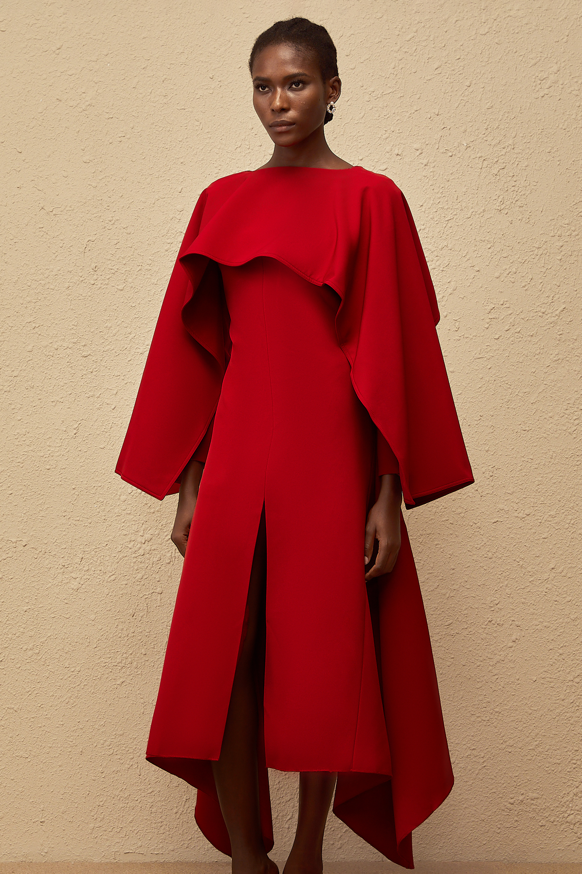Solène Red Asymmetrical Cape Design Midi Dress
