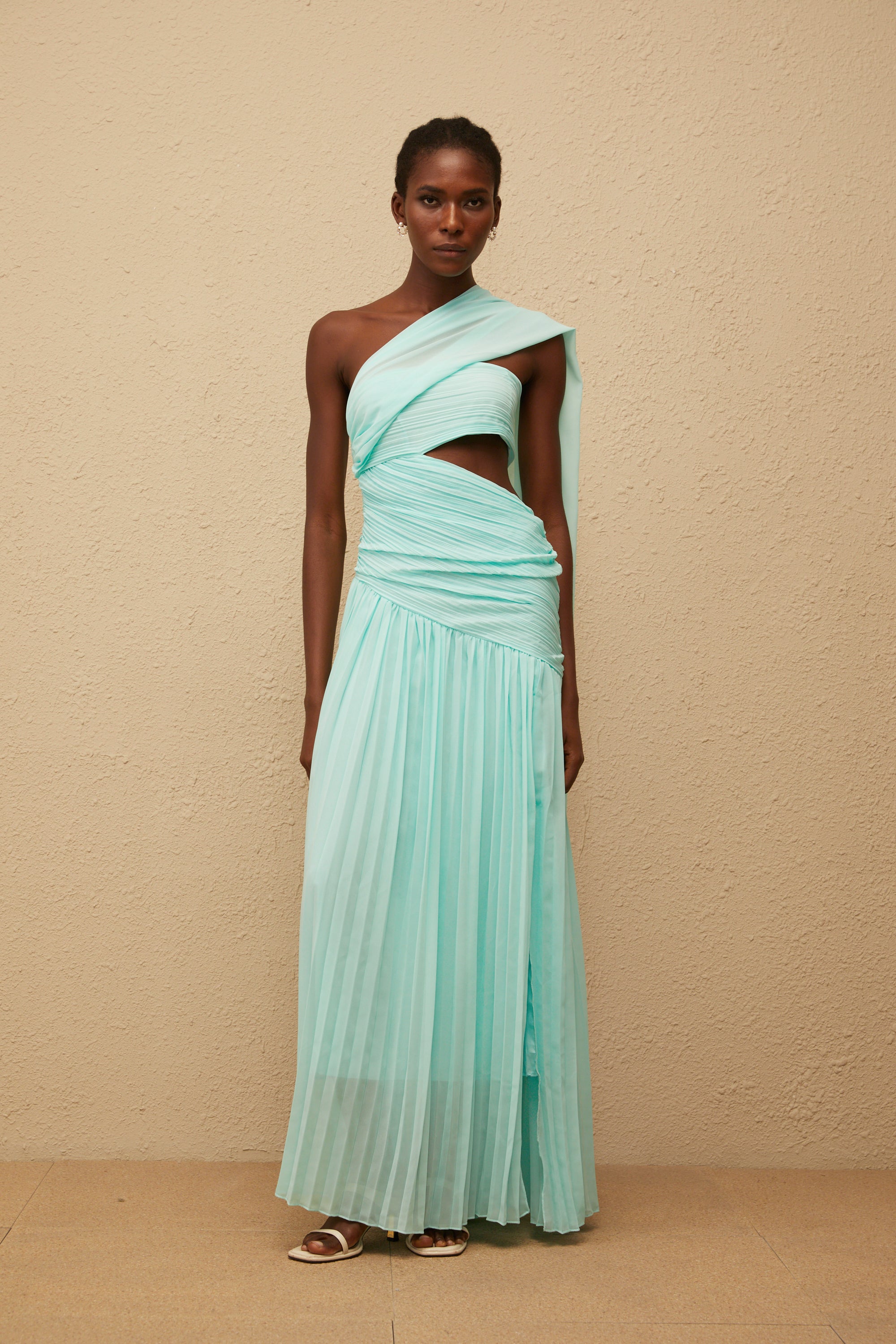 Katerina Mint Green Asymmetrical Pleated Maxi Dress