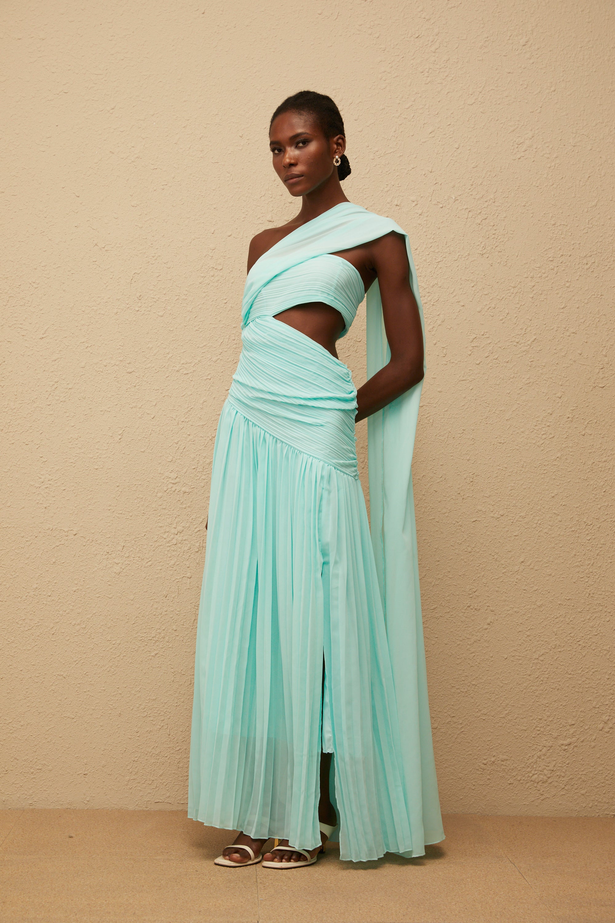 Katerina Mint Green Asymmetrical Pleated Maxi Dress