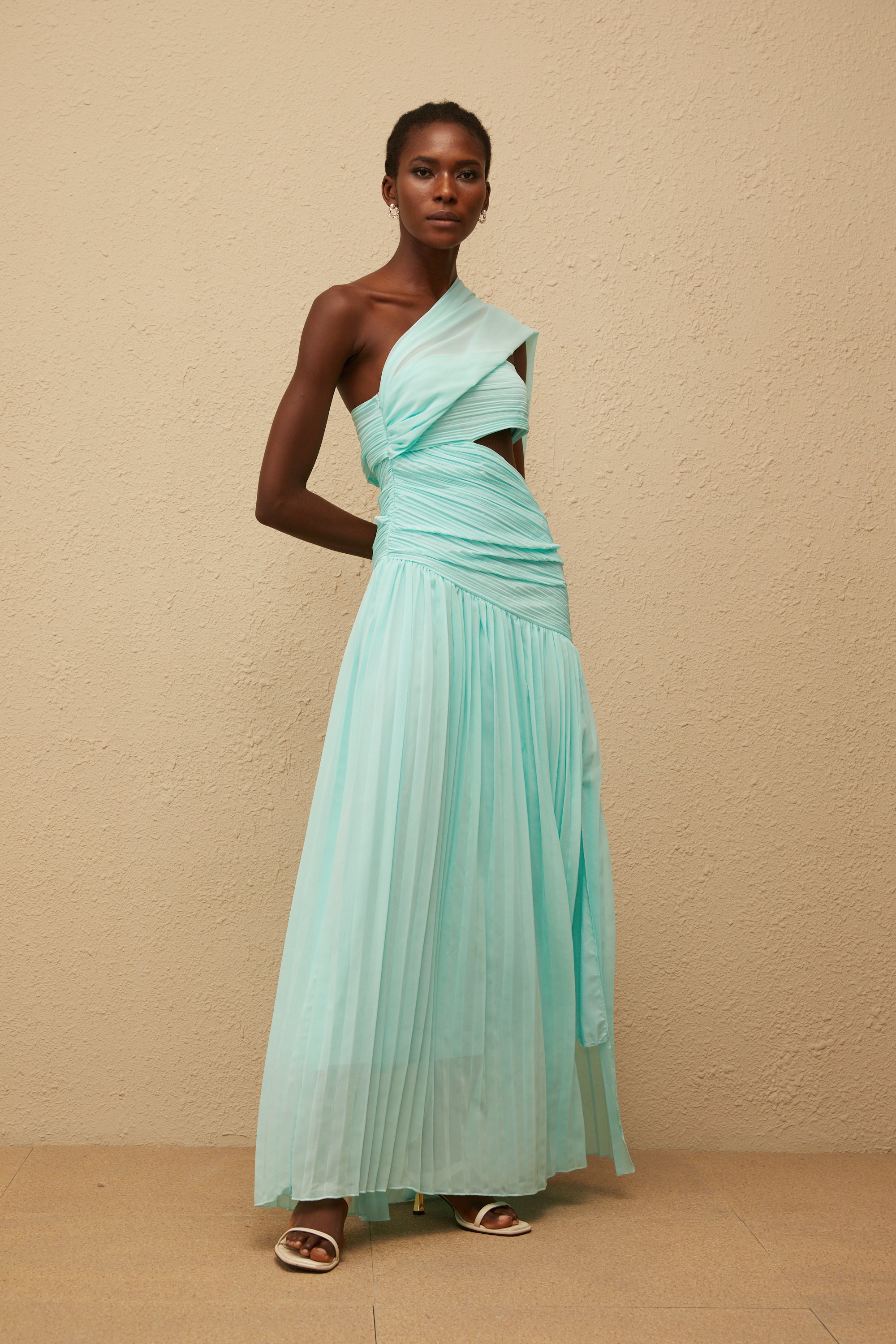 Katerina Mint Green Asymmetrical Pleated Maxi Dress