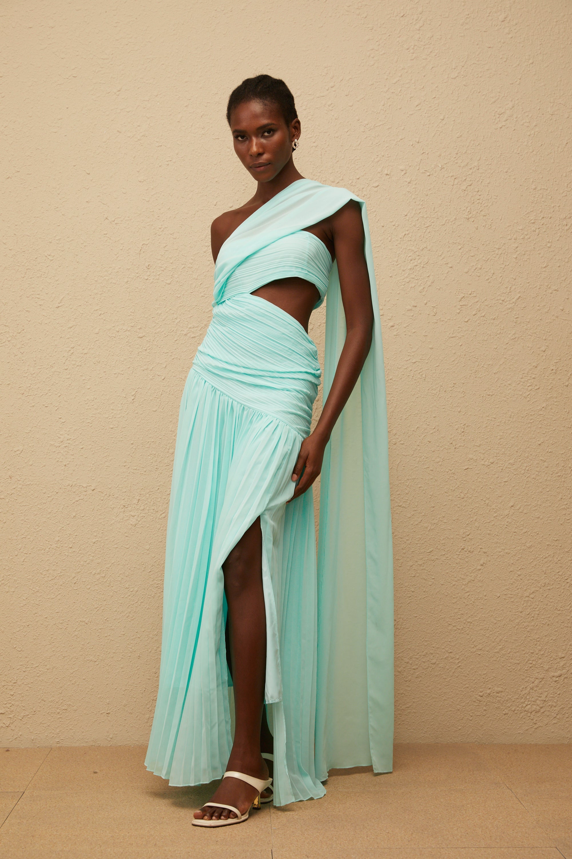 Katerina Mint Green Asymmetrical Pleated Maxi Dress