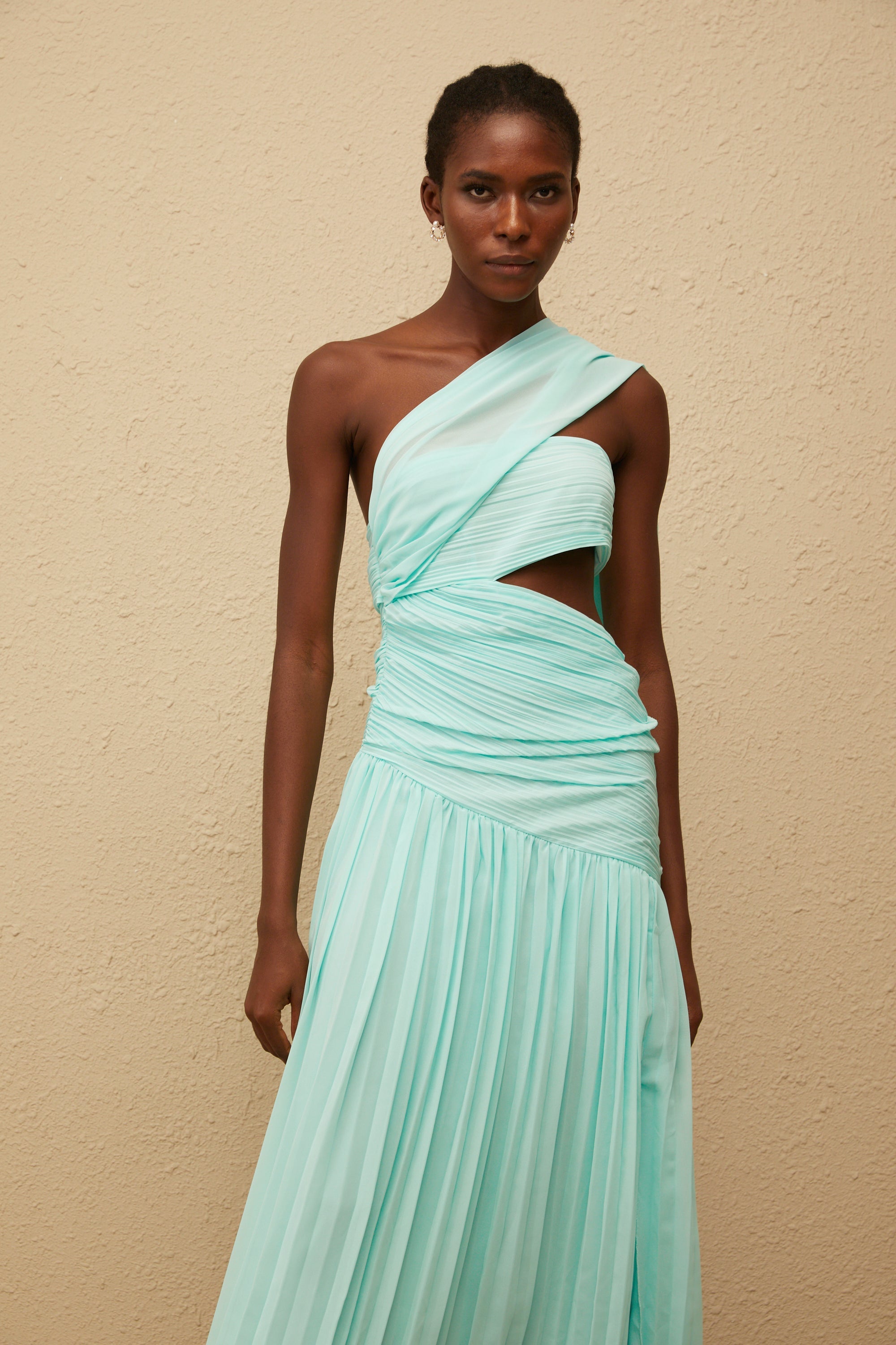 Katerina Mint Green Asymmetrical Pleated Maxi Dress