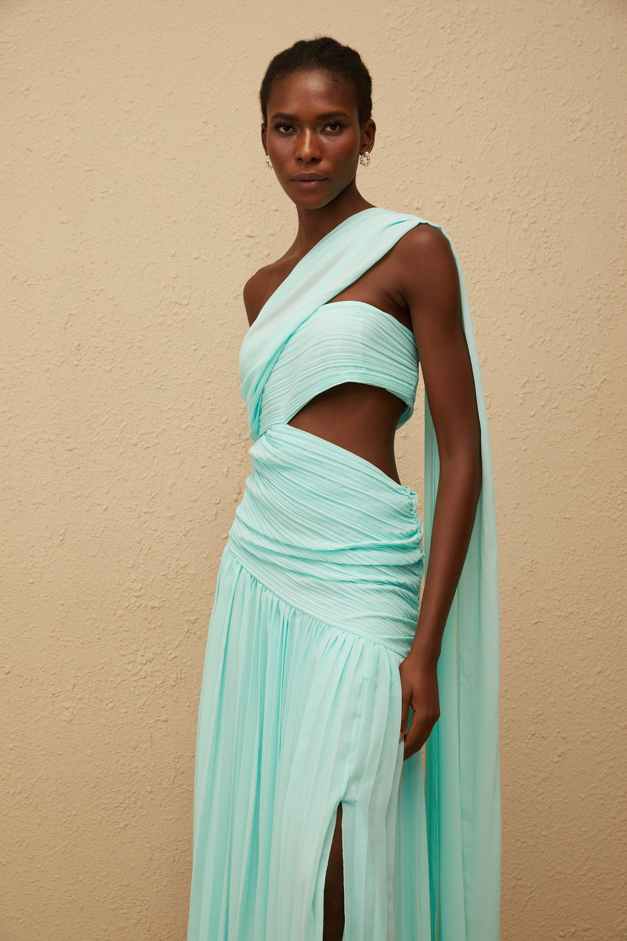 Katerina Mint Green Asymmetrical Pleated Maxi Dress