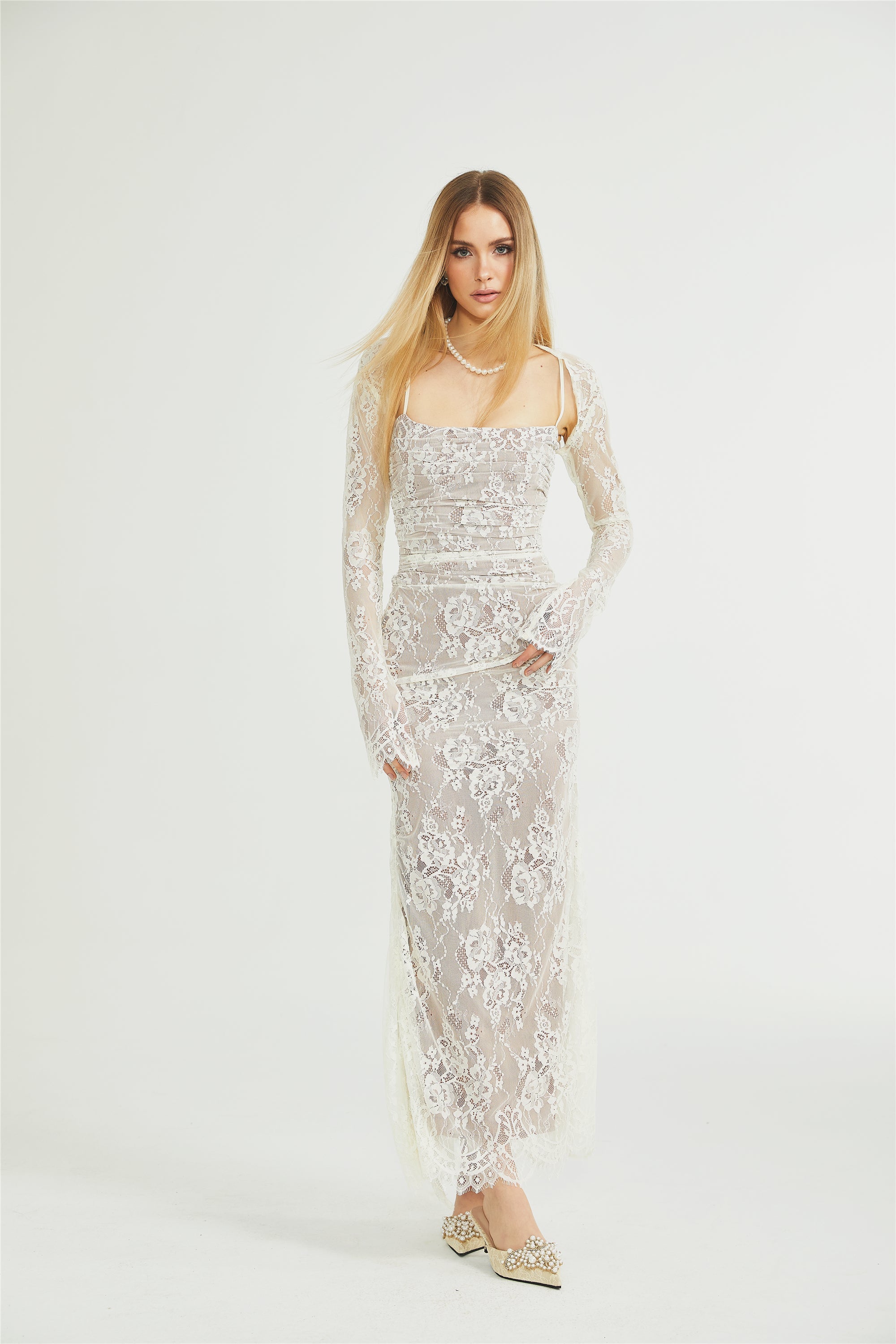 Valérie white floral lace mesh maxi dress (Final Sale-US Only)