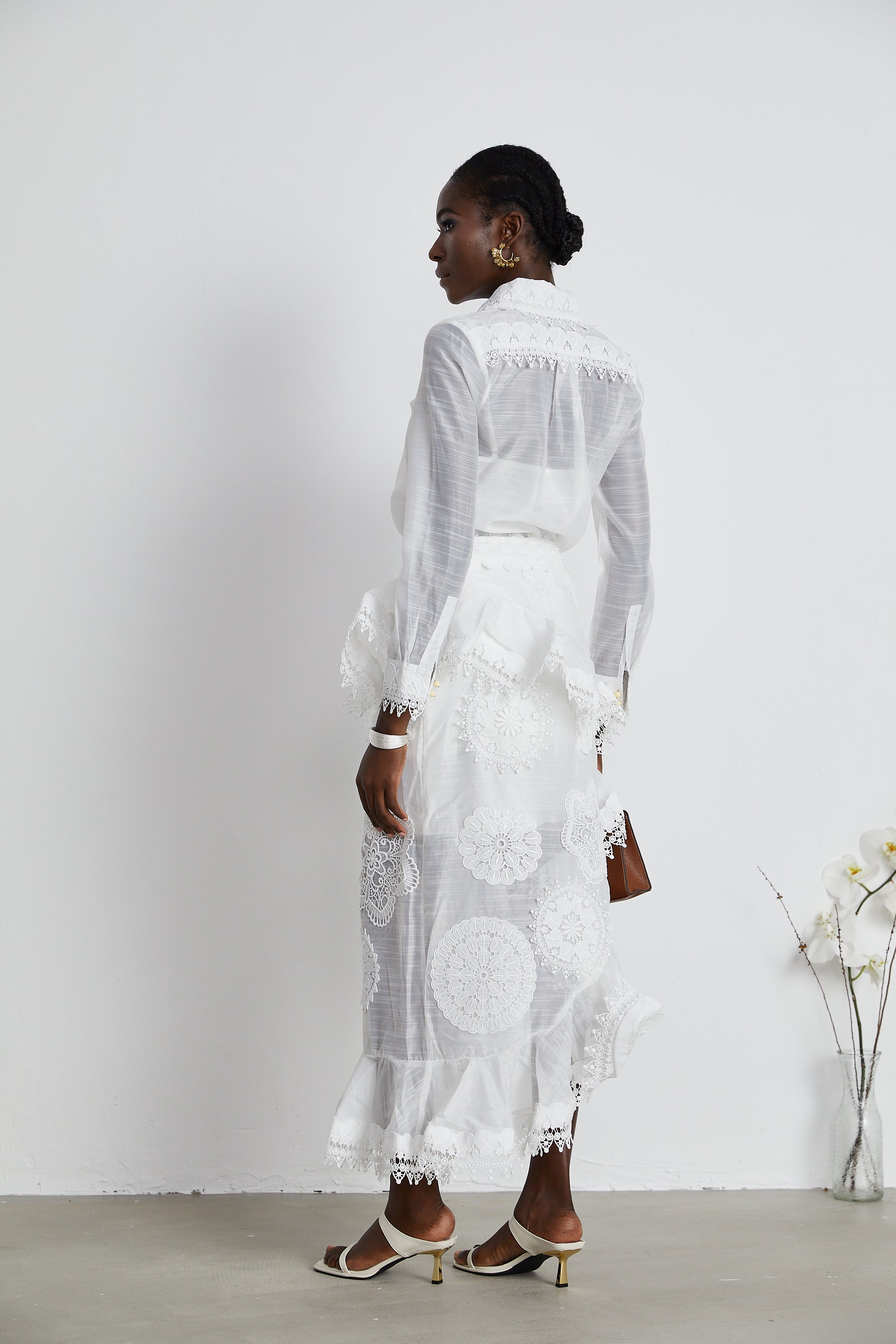 Renée white semi-sheer shirt & skirt matching set (US Only)