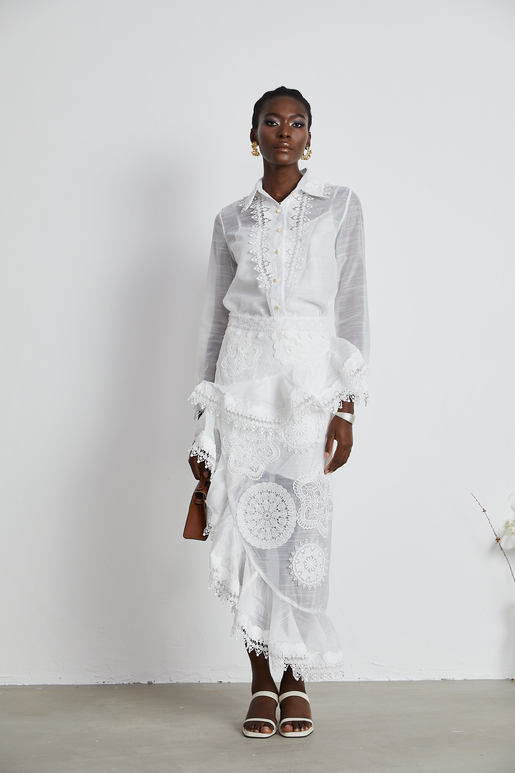 Renée white semi-sheer shirt & skirt matching set (US Only)
