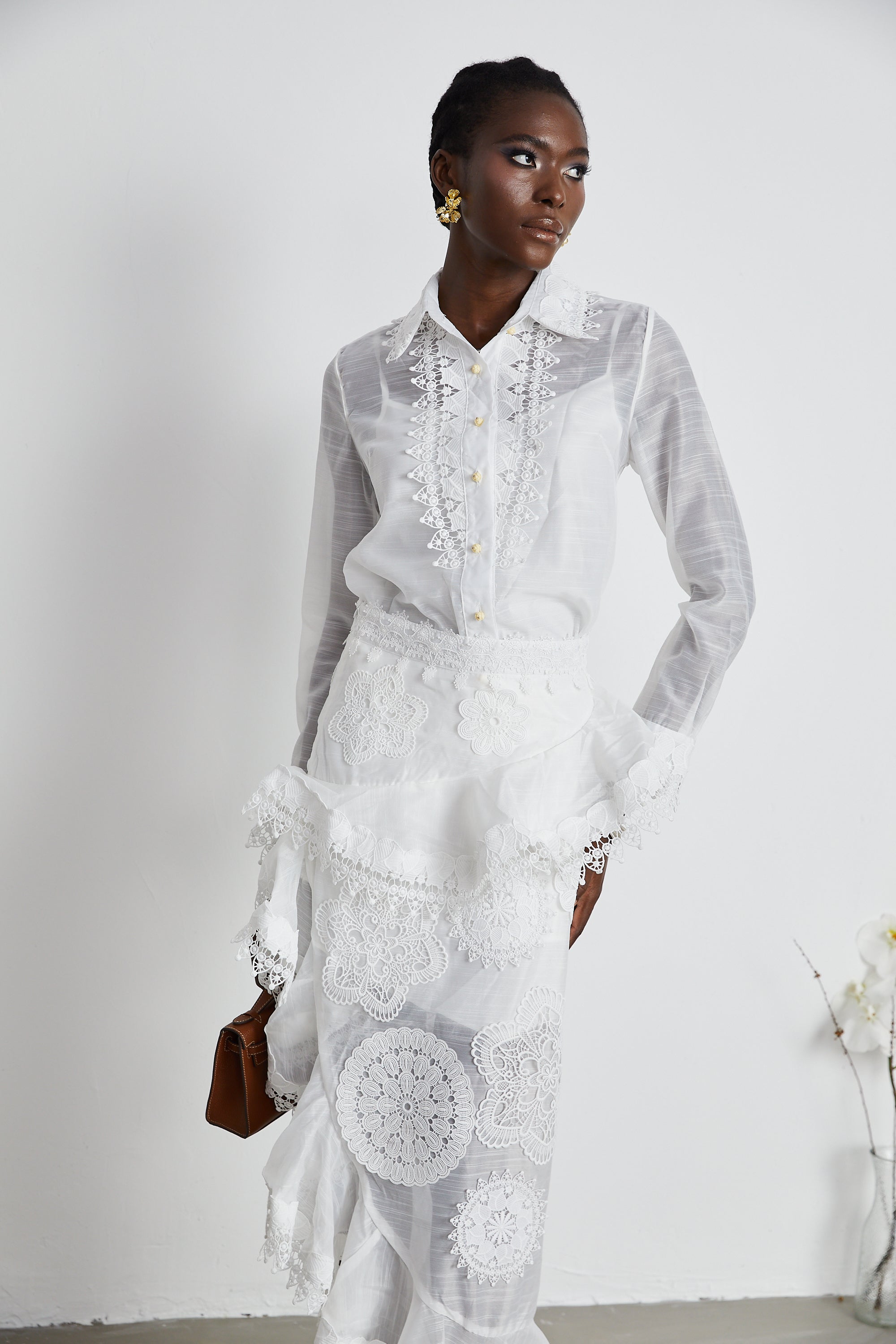 Renée white semi-sheer shirt & skirt matching set (US Only)