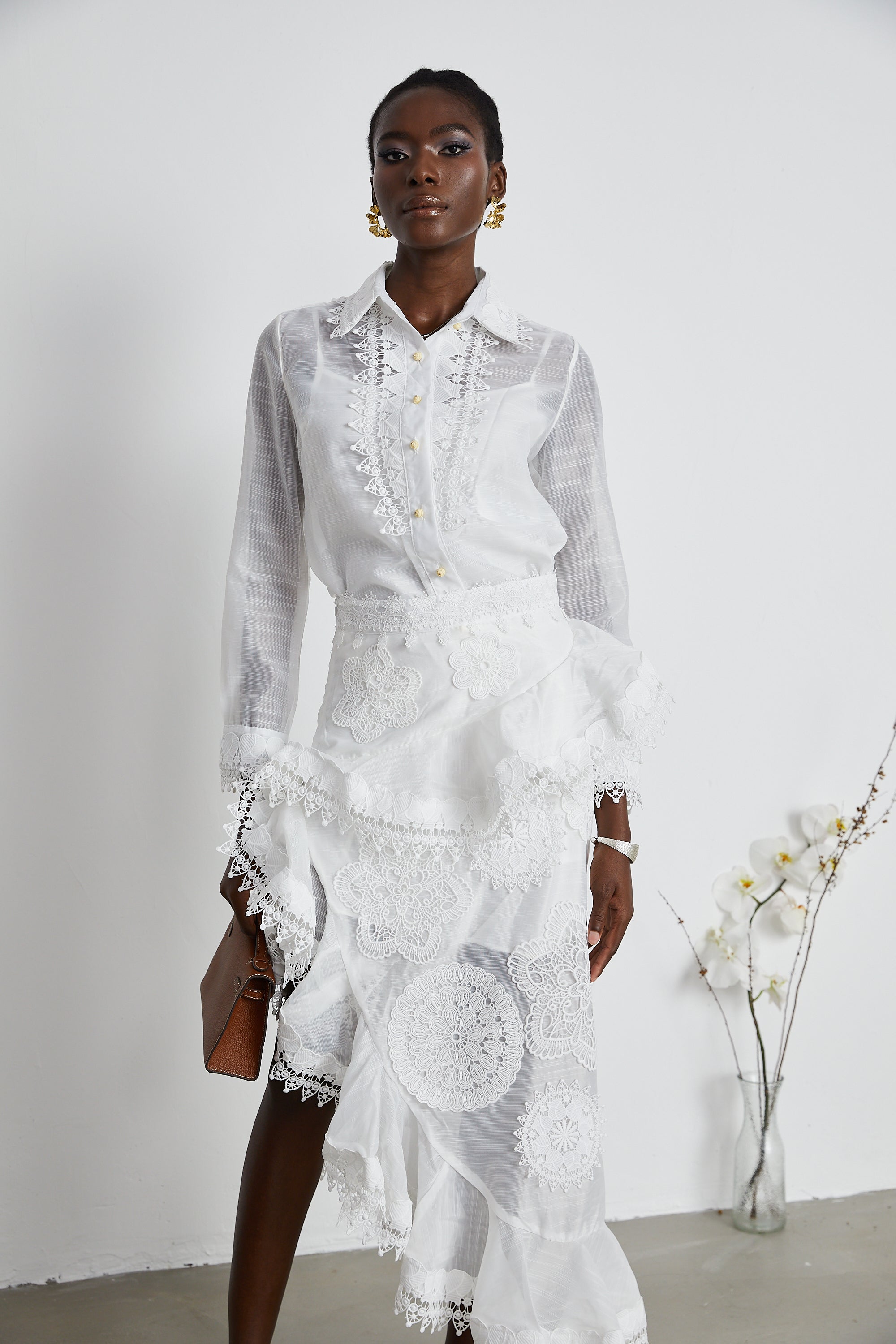 Renée white semi-sheer shirt & skirt matching set (US Only)