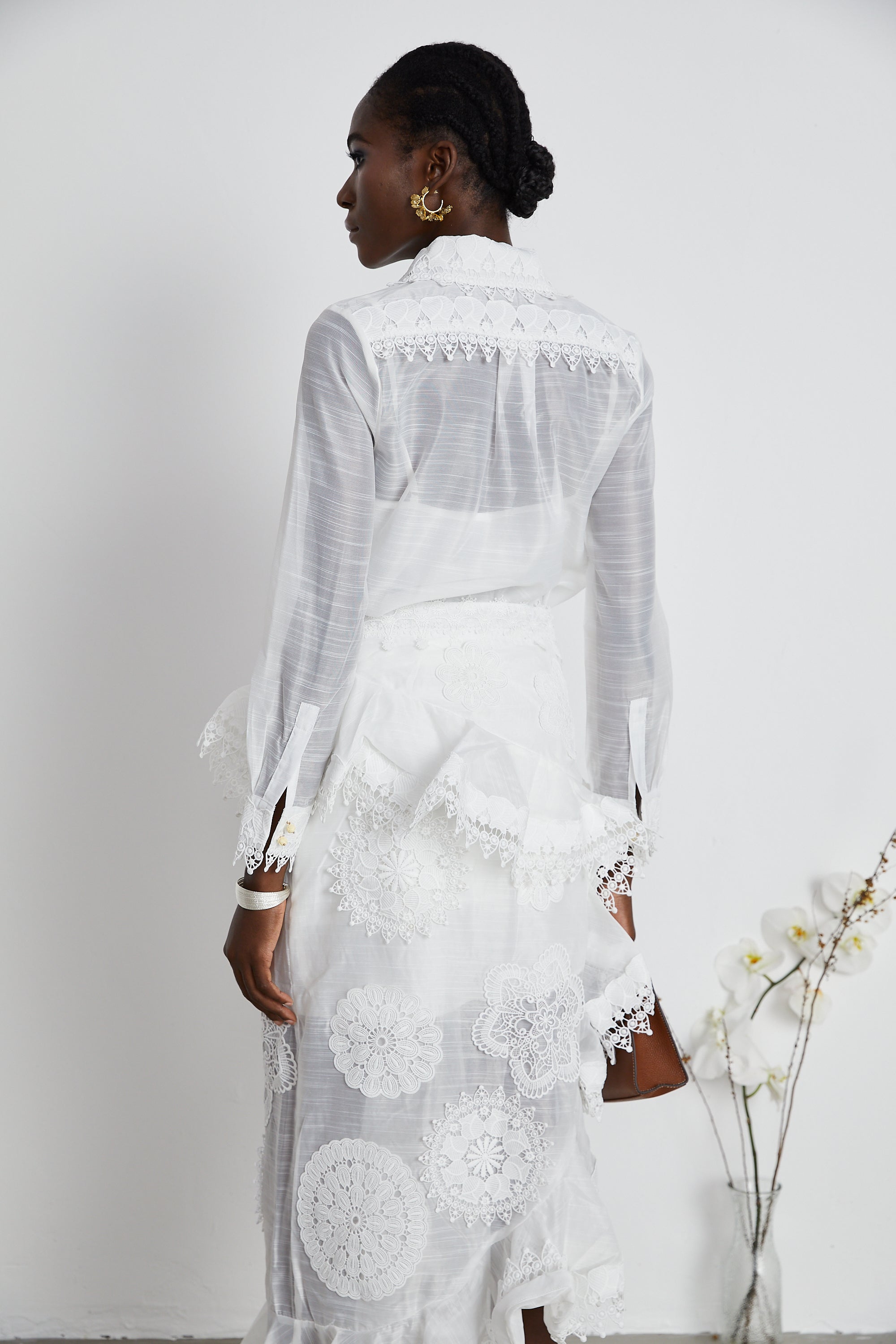 Renée white semi-sheer shirt & skirt matching set (US Only)