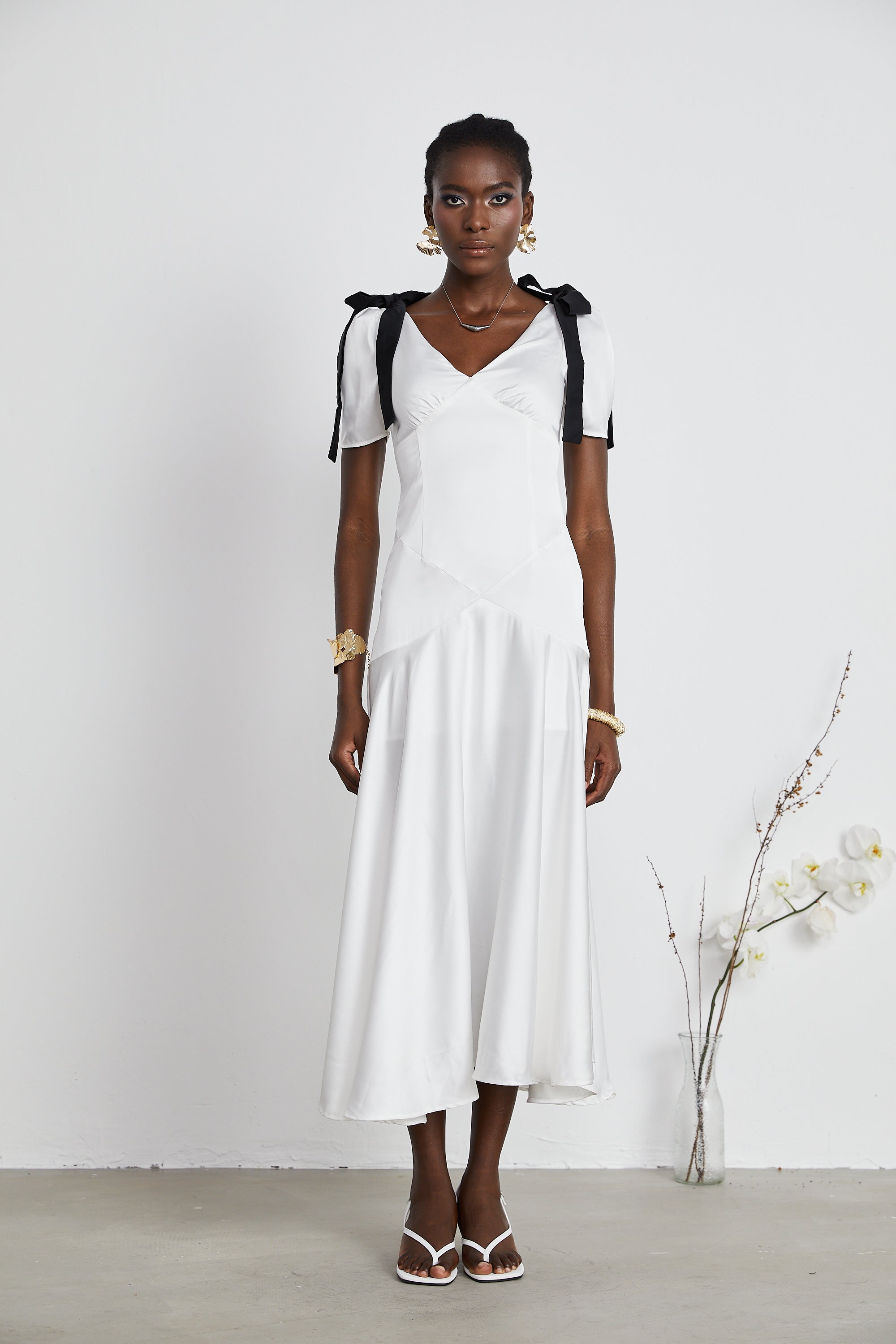 Cyrielle ribbon-detail puff-sleeve maxi dress