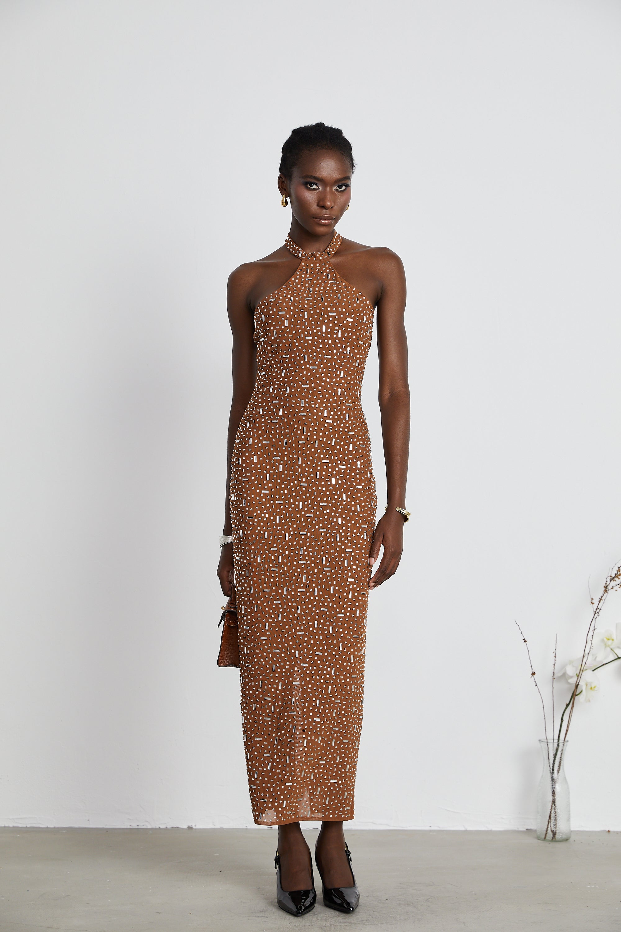 Désirée brown embellished halter neck bodycon maxi dress (US Only)