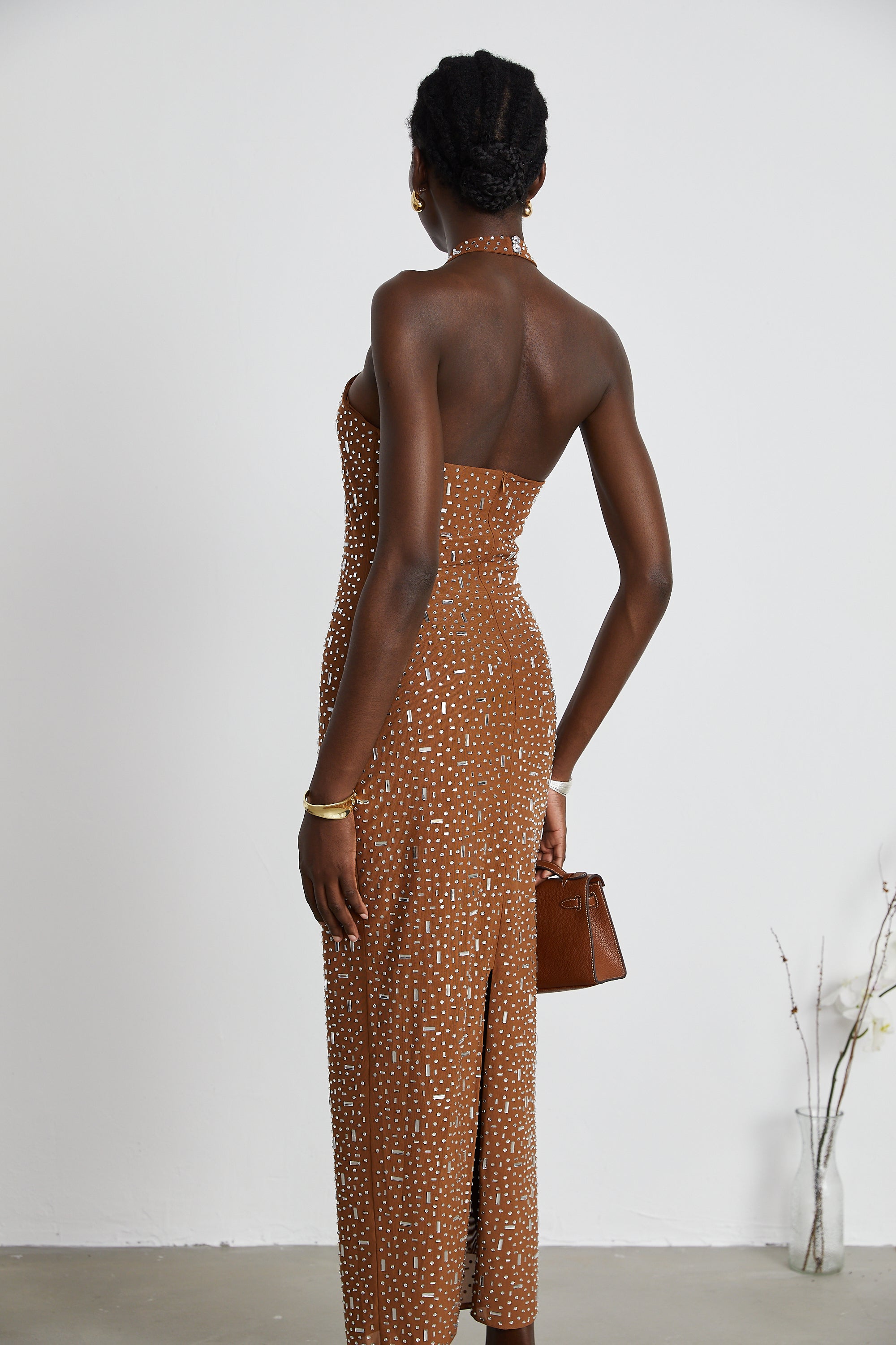 Désirée brown embellished halter neck bodycon maxi dress