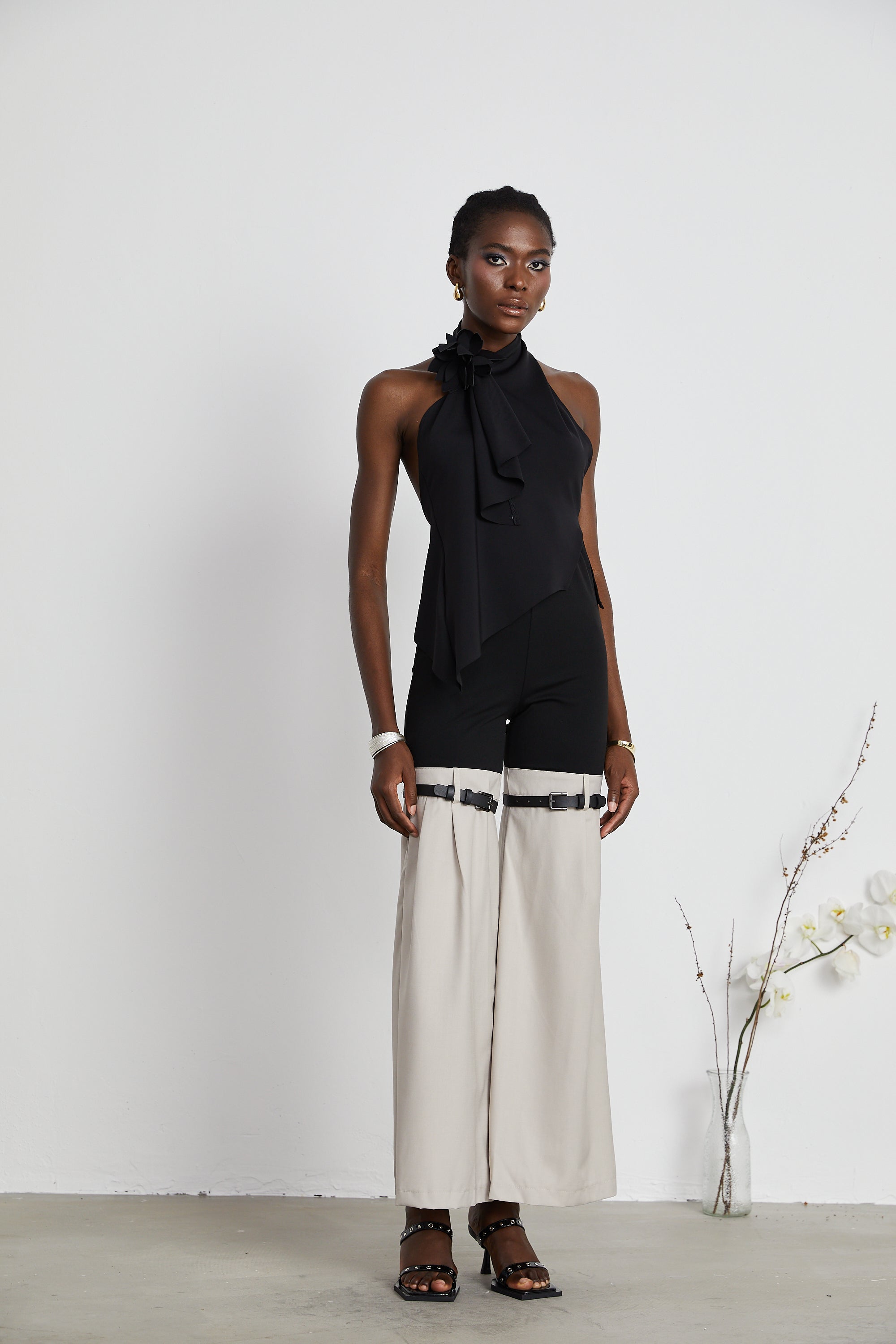 Aline floral-appliqué backless asymmetrical top