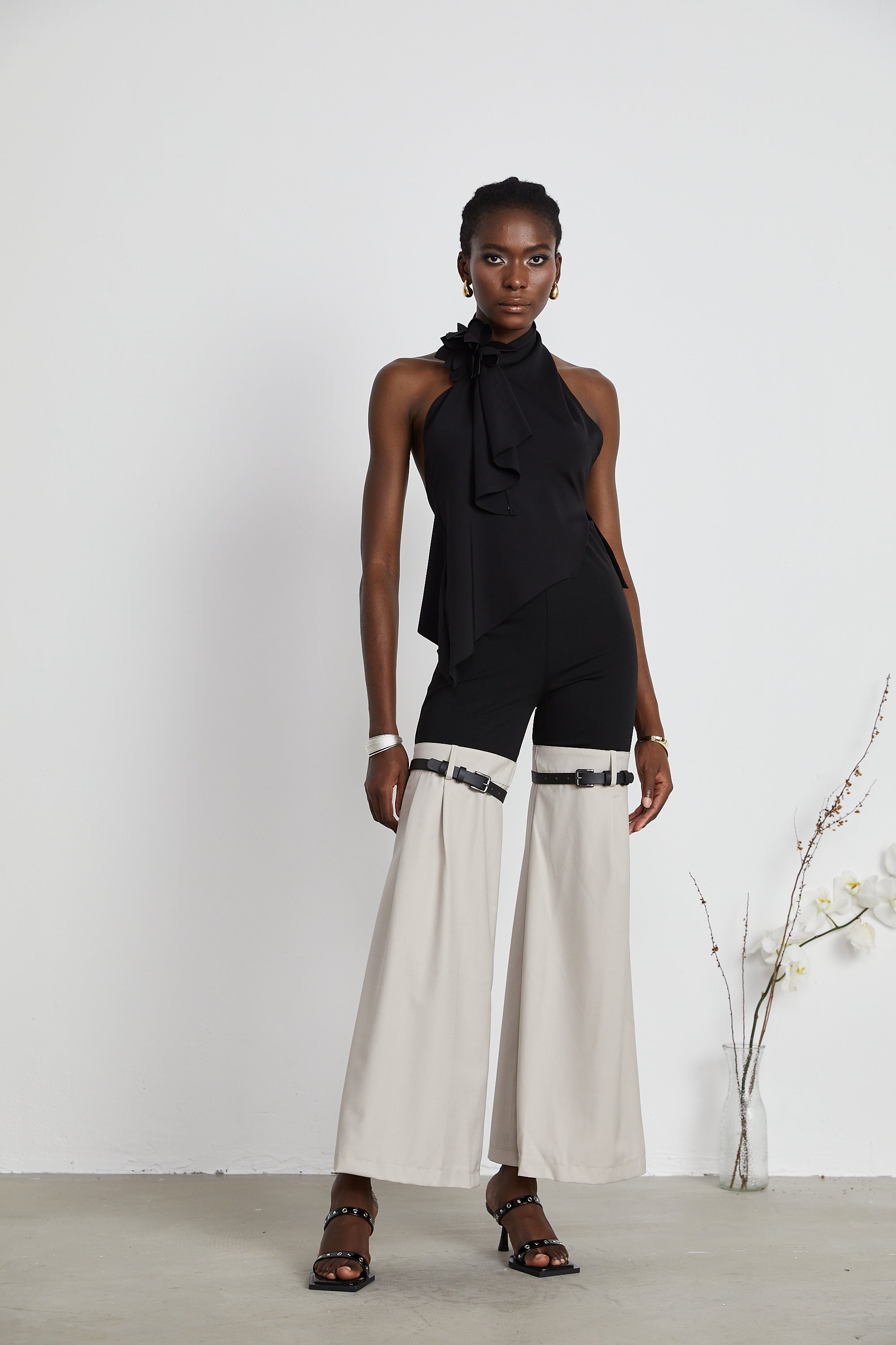 Aline floral-appliqué backless asymmetrical top