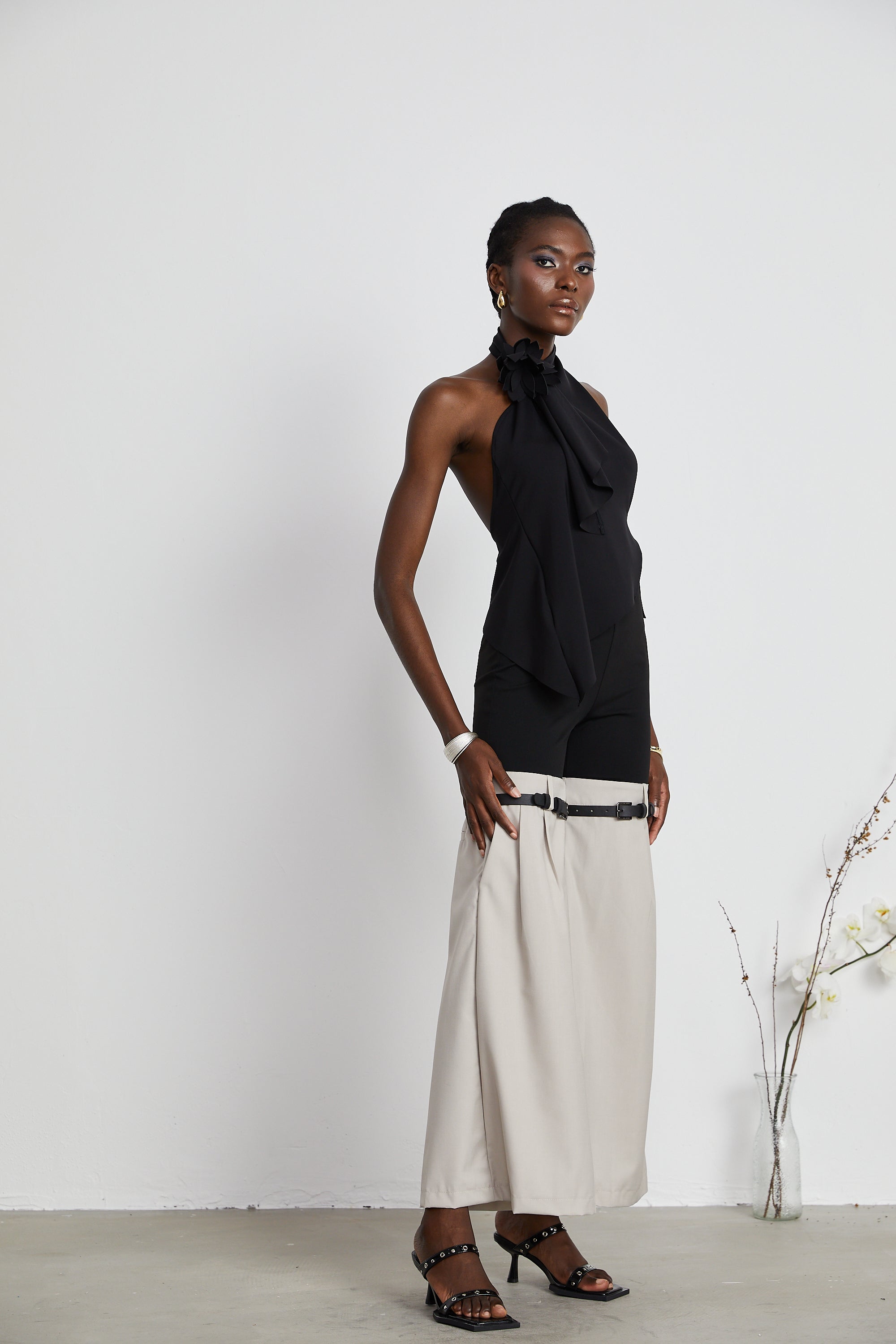 Aline floral-appliqué backless asymmetrical top