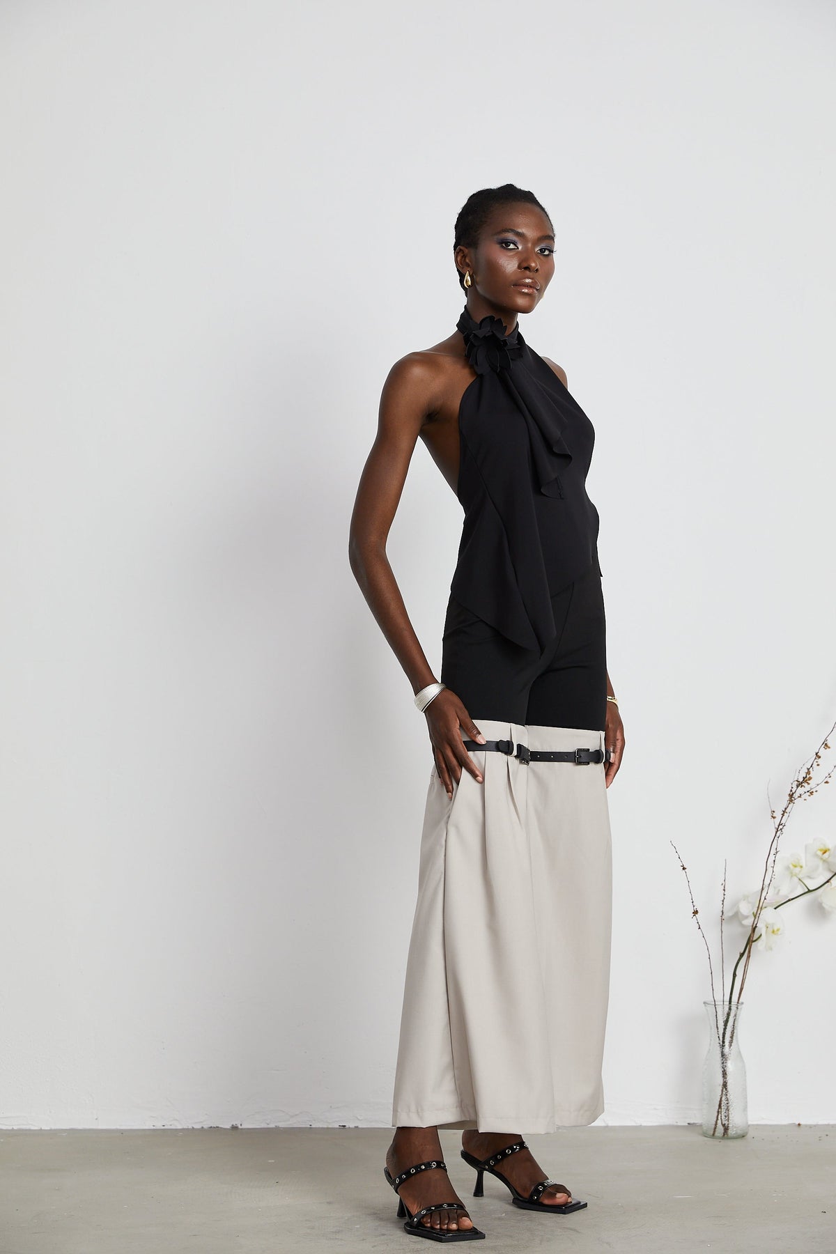 Aline floral-appliqué backless asymmetrical top
