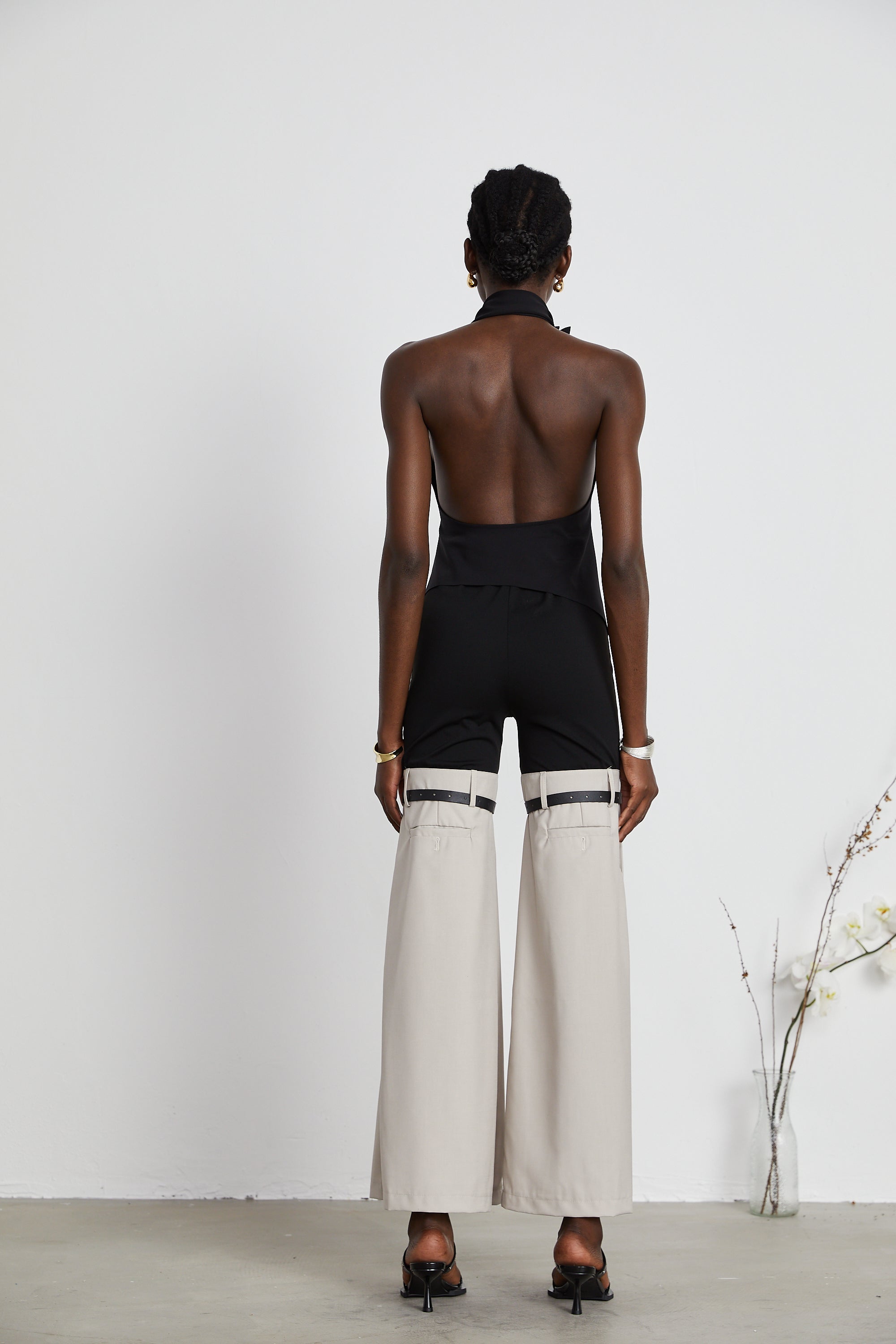 Aline floral-appliqué backless asymmetrical top
