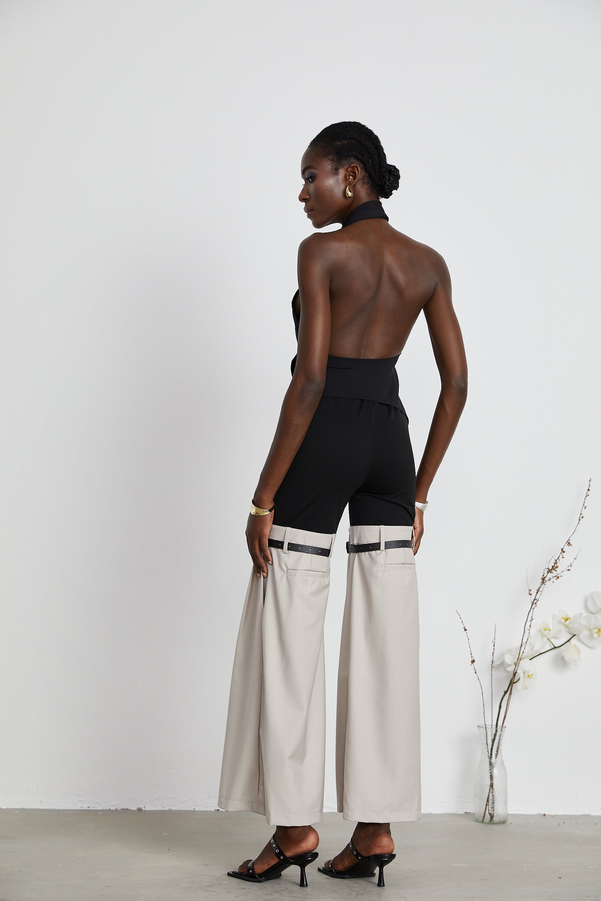 Aline floral-appliqué backless asymmetrical top