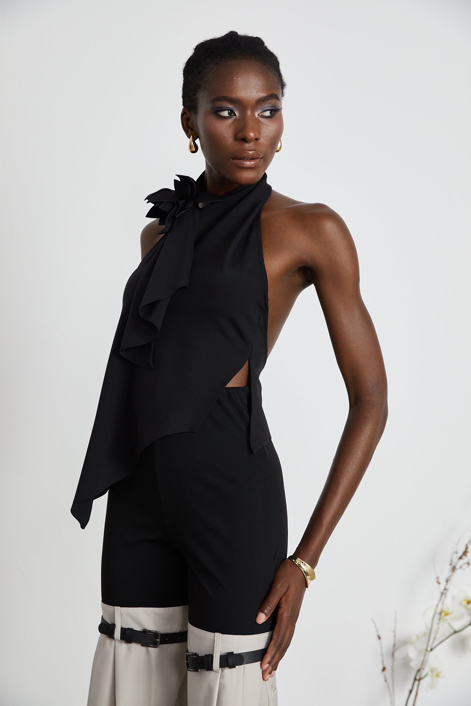 Aline floral-appliqué backless asymmetrical top