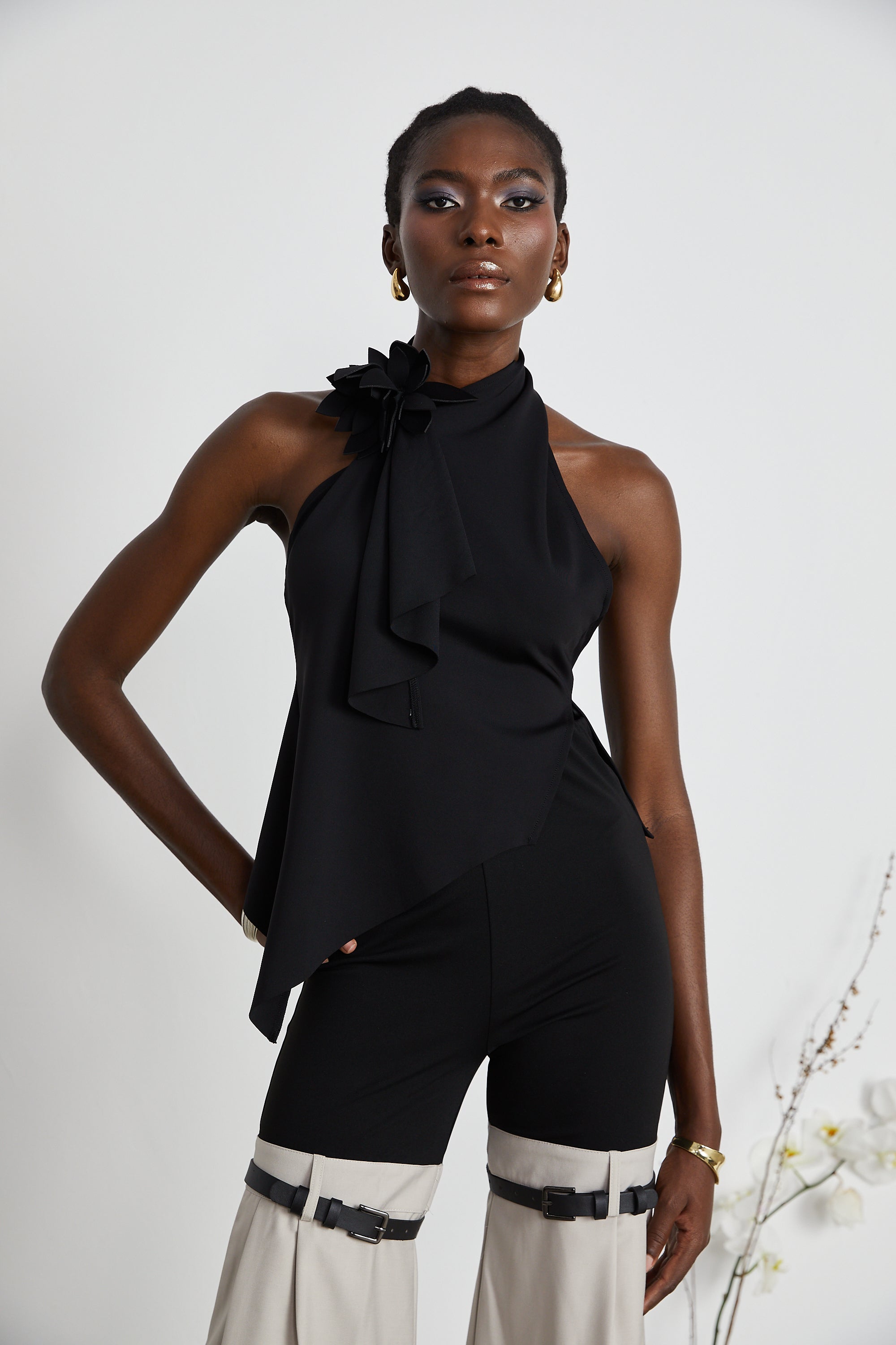 Aline floral-appliqué backless asymmetrical top