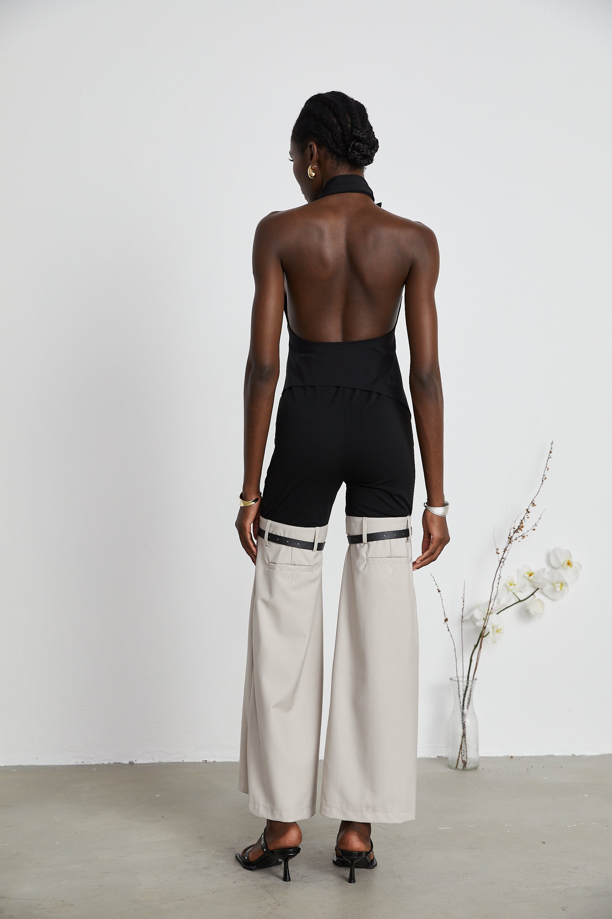 Aline floral-appliqué backless asymmetrical top