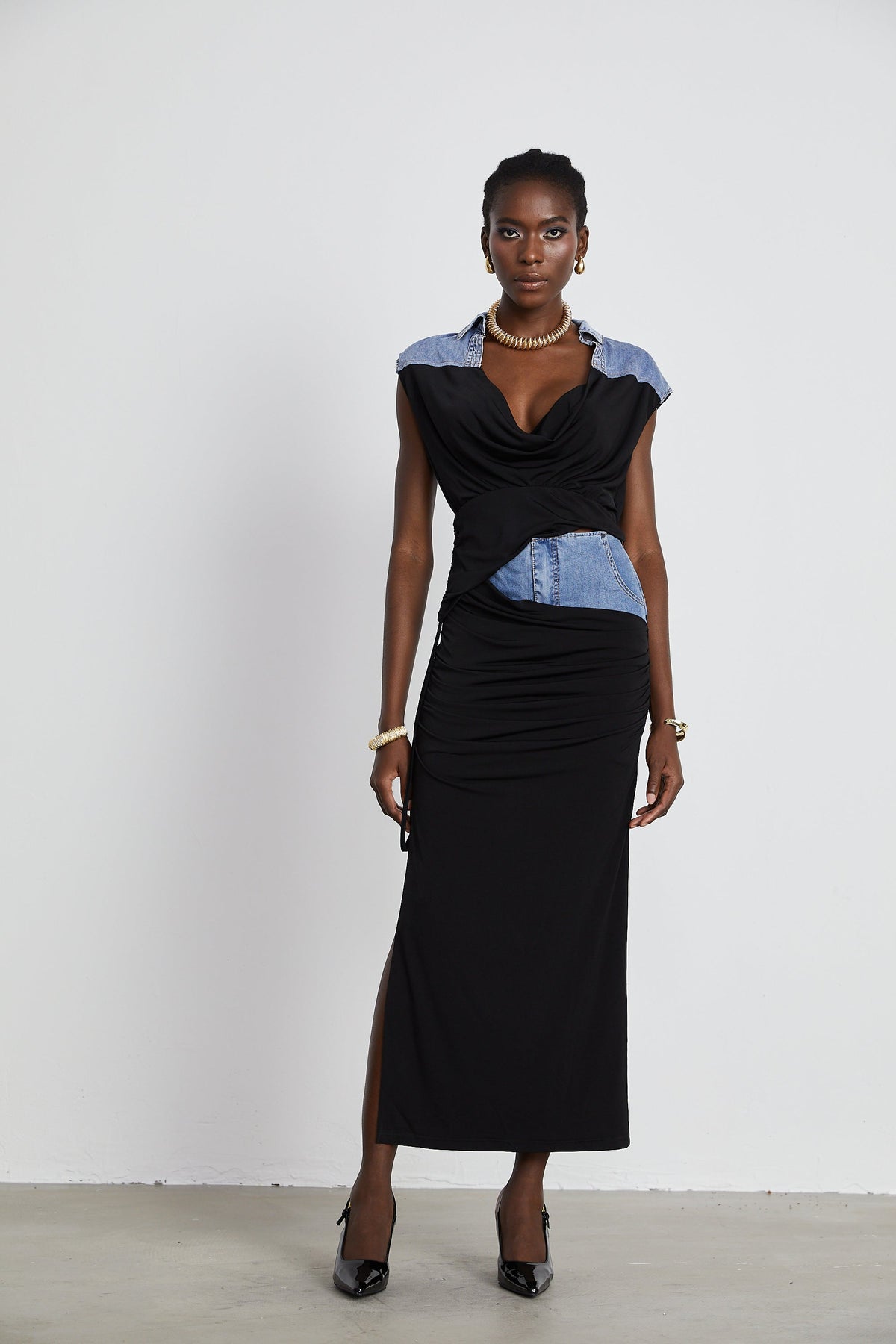 Nala jersey-panelled denim top & skirt matching set (Final Sale)
