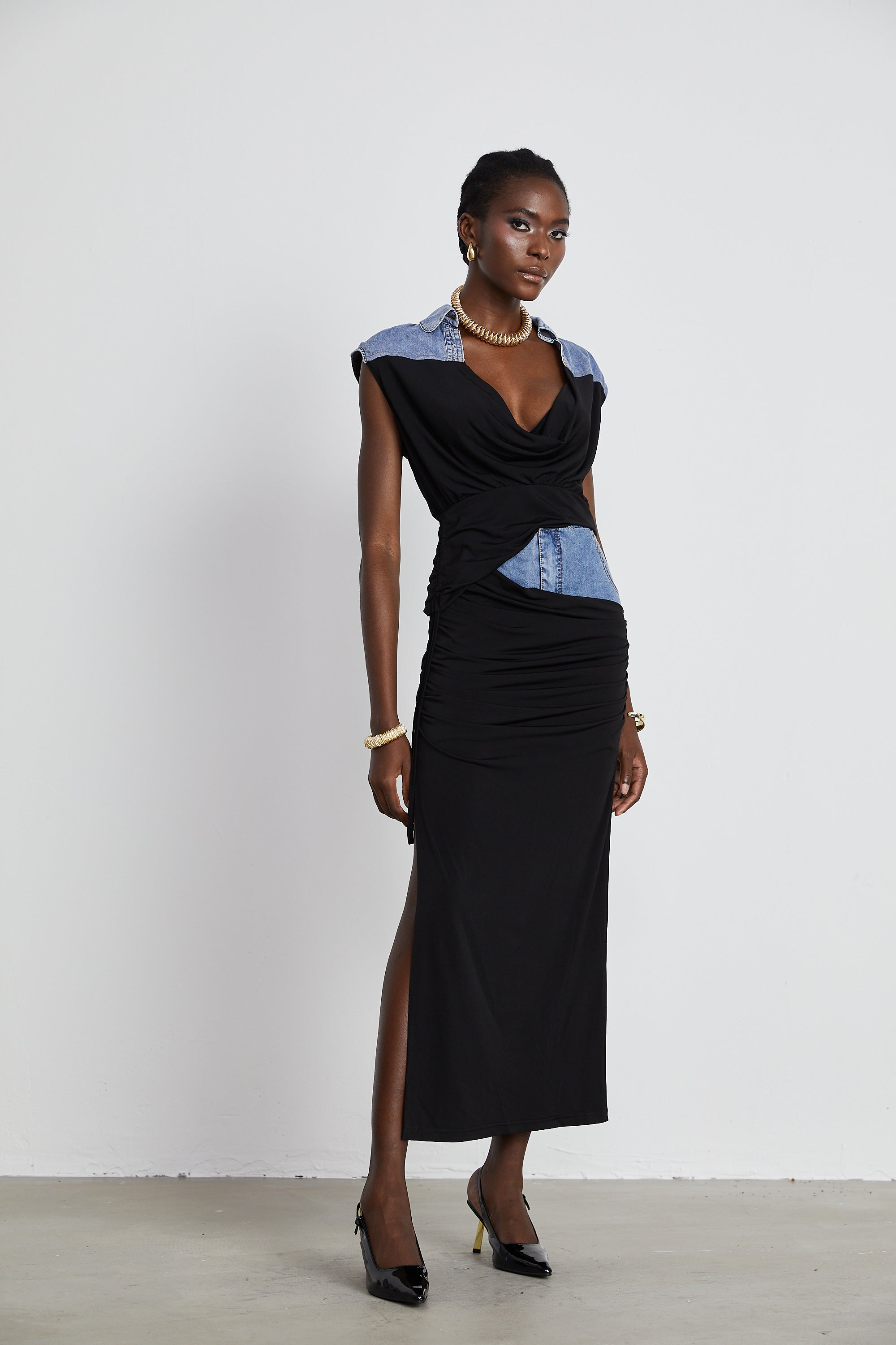 Nala jersey-panelled denim top & skirt matching set (Final Sale)