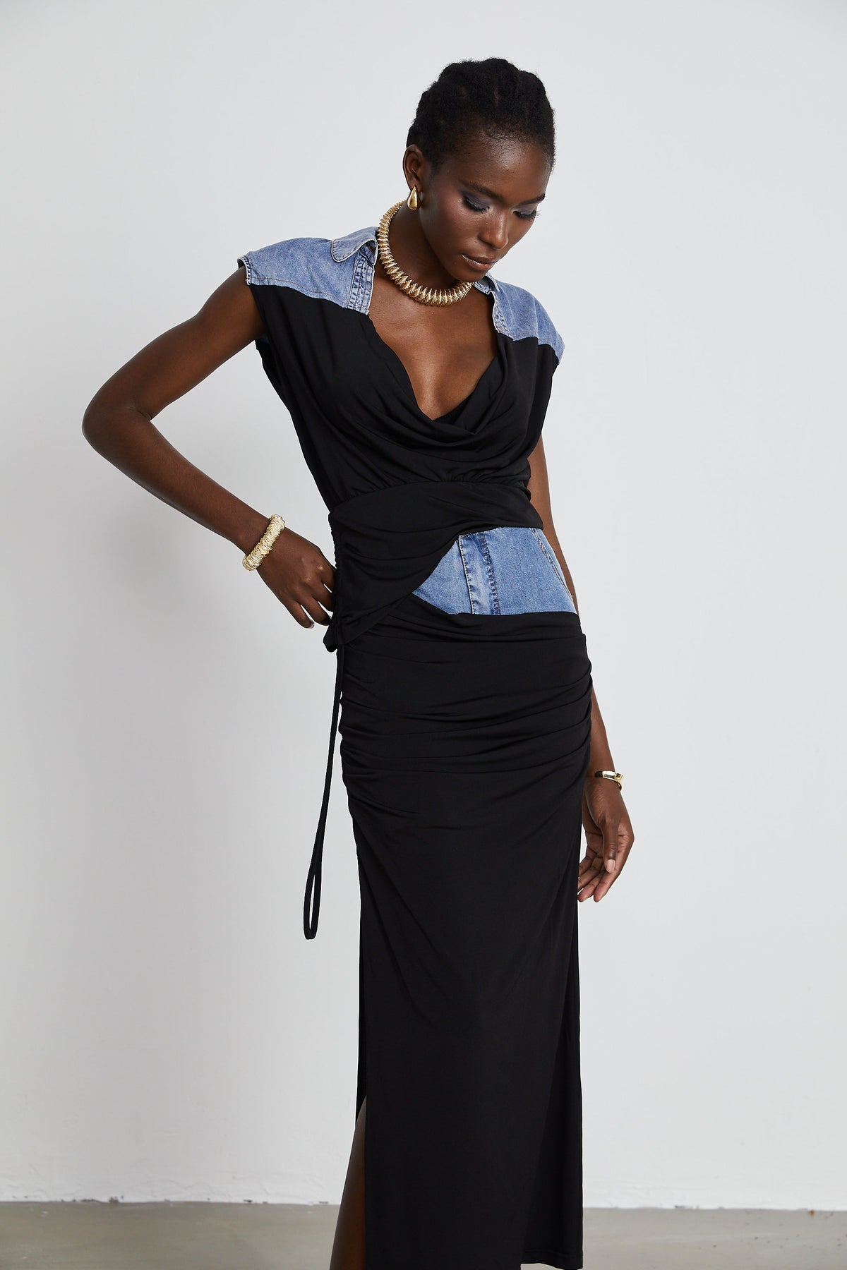 Nala jersey-panelled denim top & skirt matching set (Final Sale)