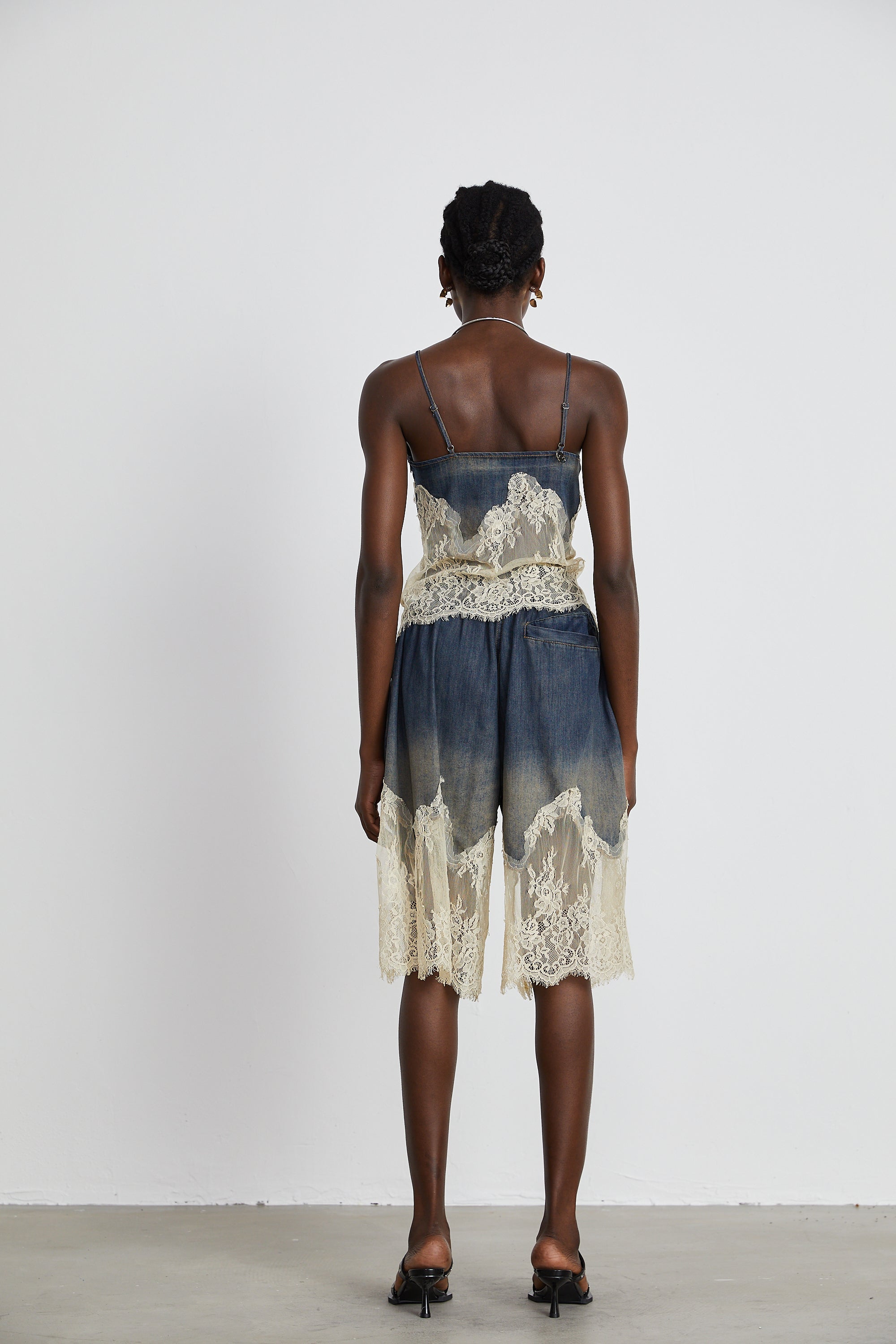 Sylvie lace-detail denim top & shorts matching set (Final Sale-US Only)