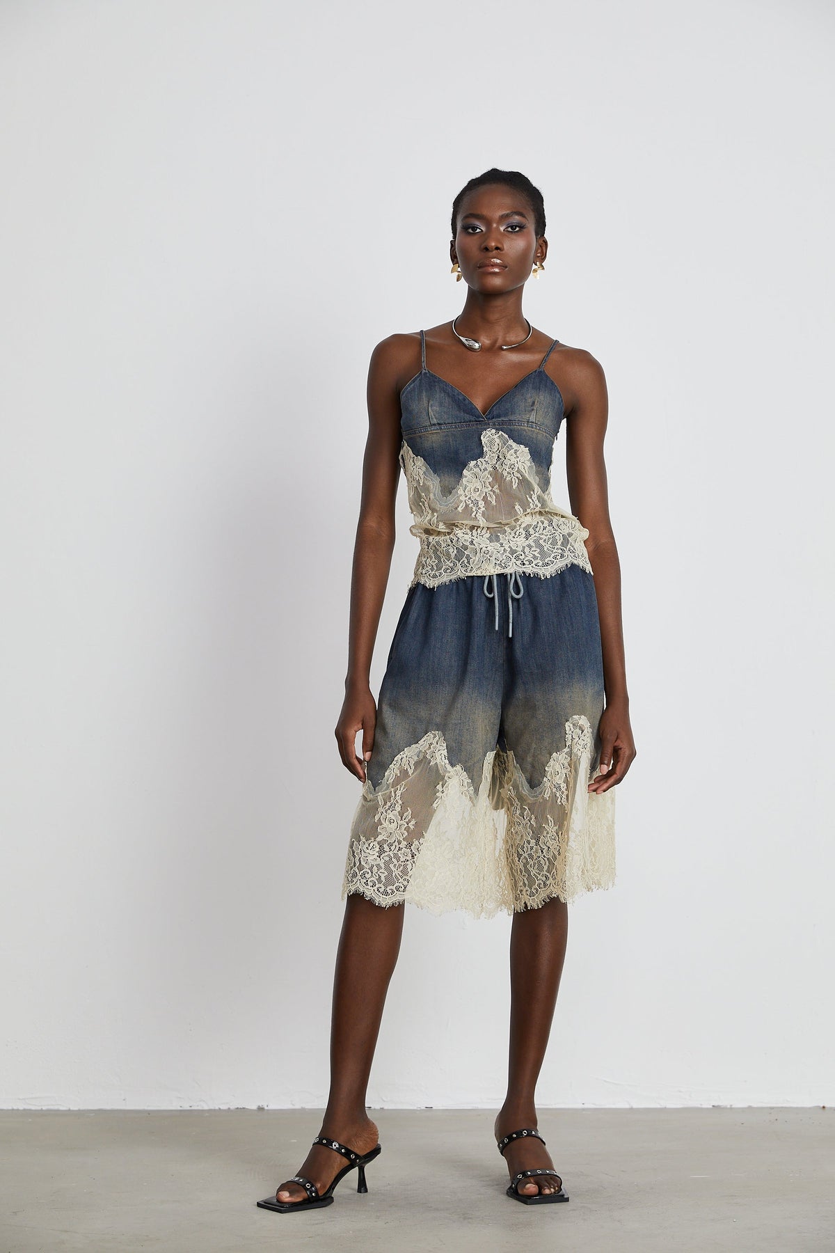 Sylvie lace-detail denim top & shorts matching set (Final Sale-US Only)