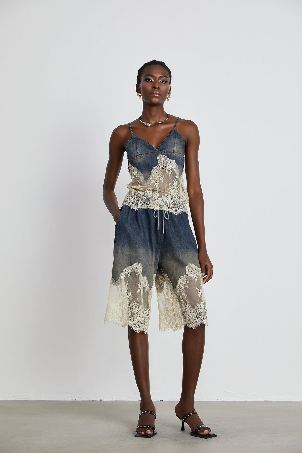 Sylvie lace-detail denim top & shorts matching set (Final Sale-US Only)