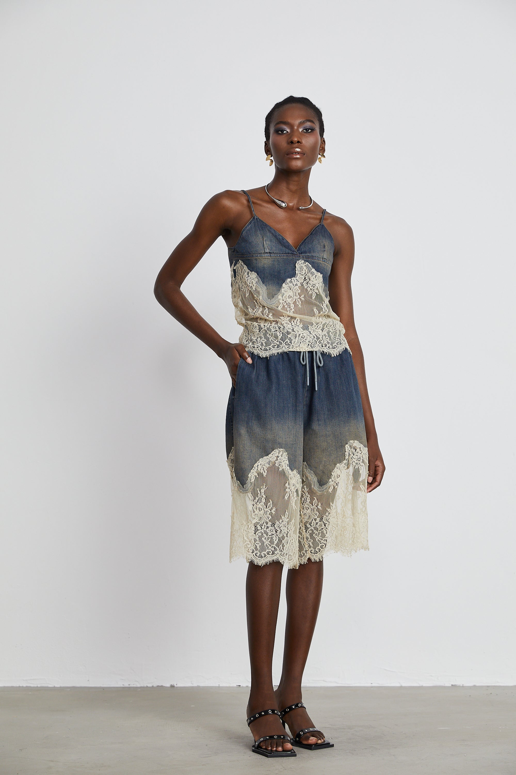 Sylvie lace-detail denim top & shorts matching set (Final Sale-US Only)